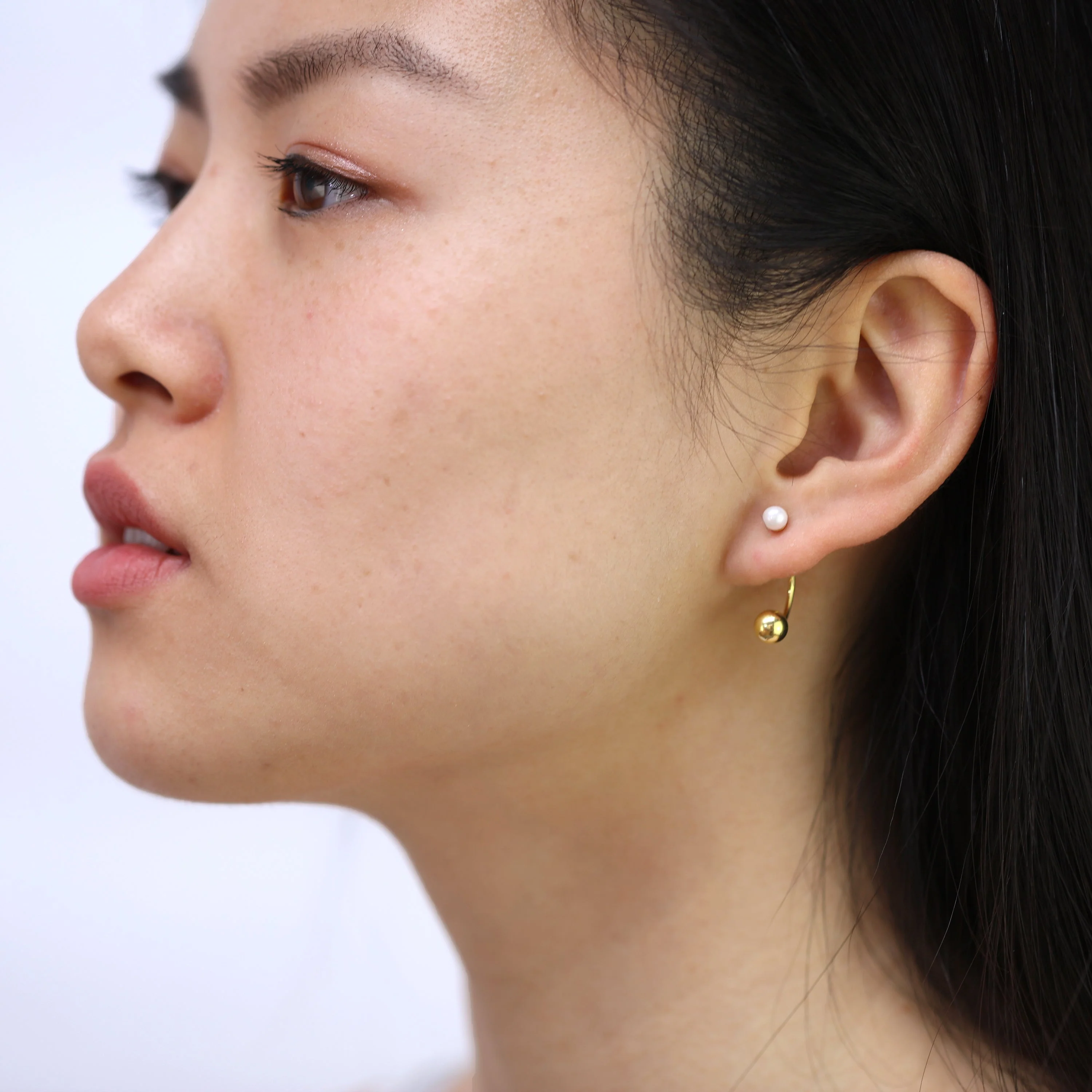 Gold Plated Sterling Silver Pearl Half Hoop & Ball Stud Earrings - Image 2