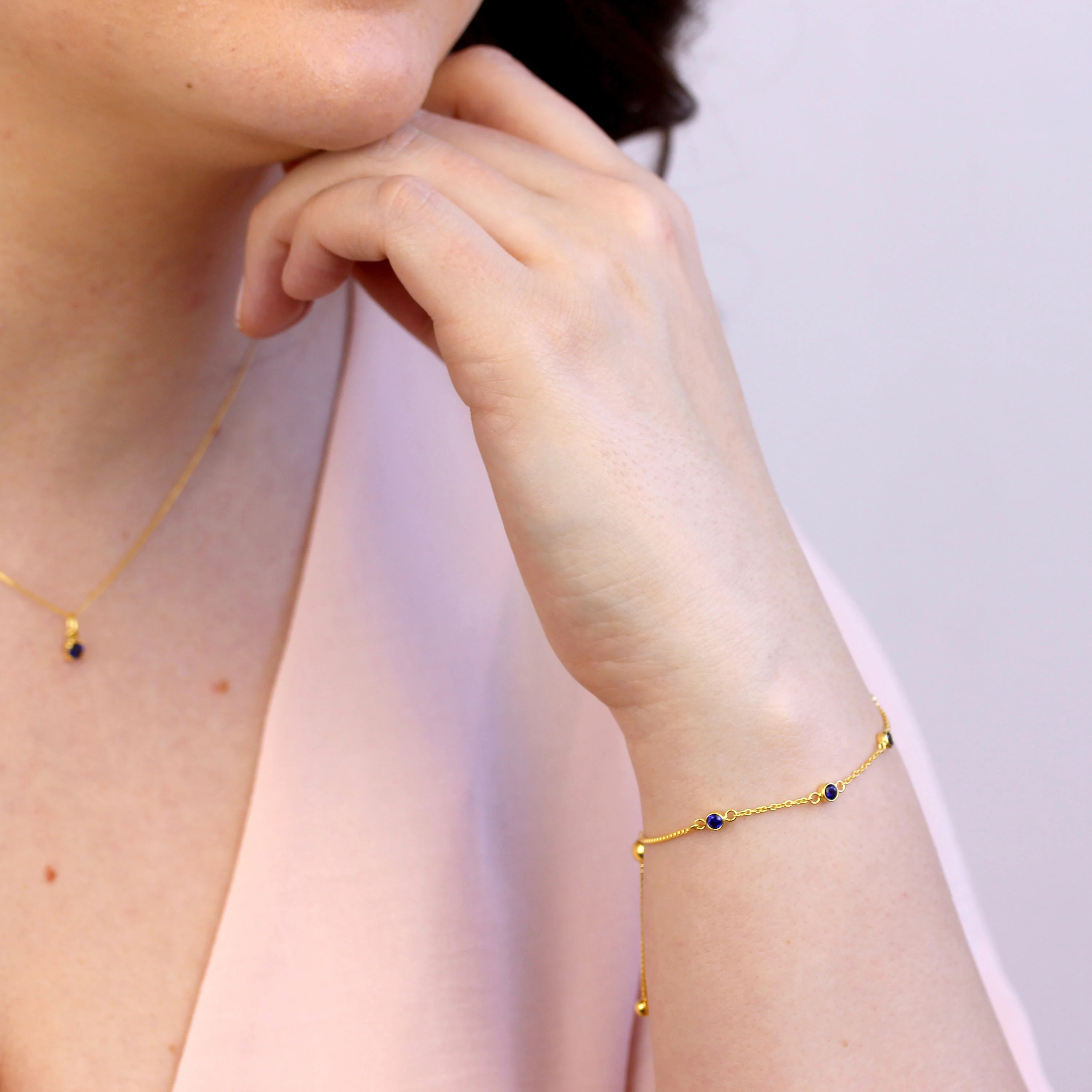 Gold Plated Sterling Silver Sapphire CZ Adjustable Bracelet - Image 2