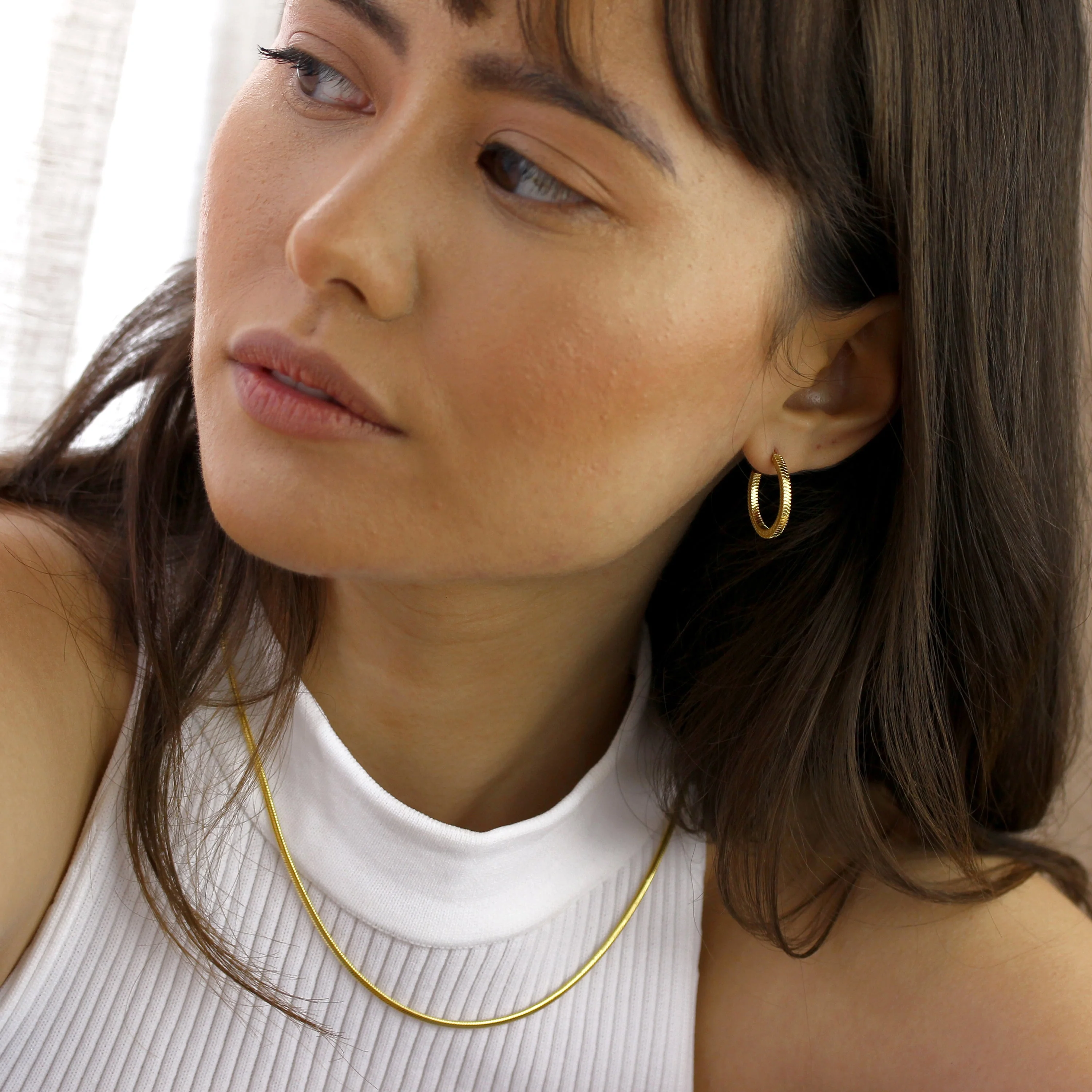 Gold Plated Sterling Silver Square Snake Chain 20mm Hoop Stud Earrings - Image 4