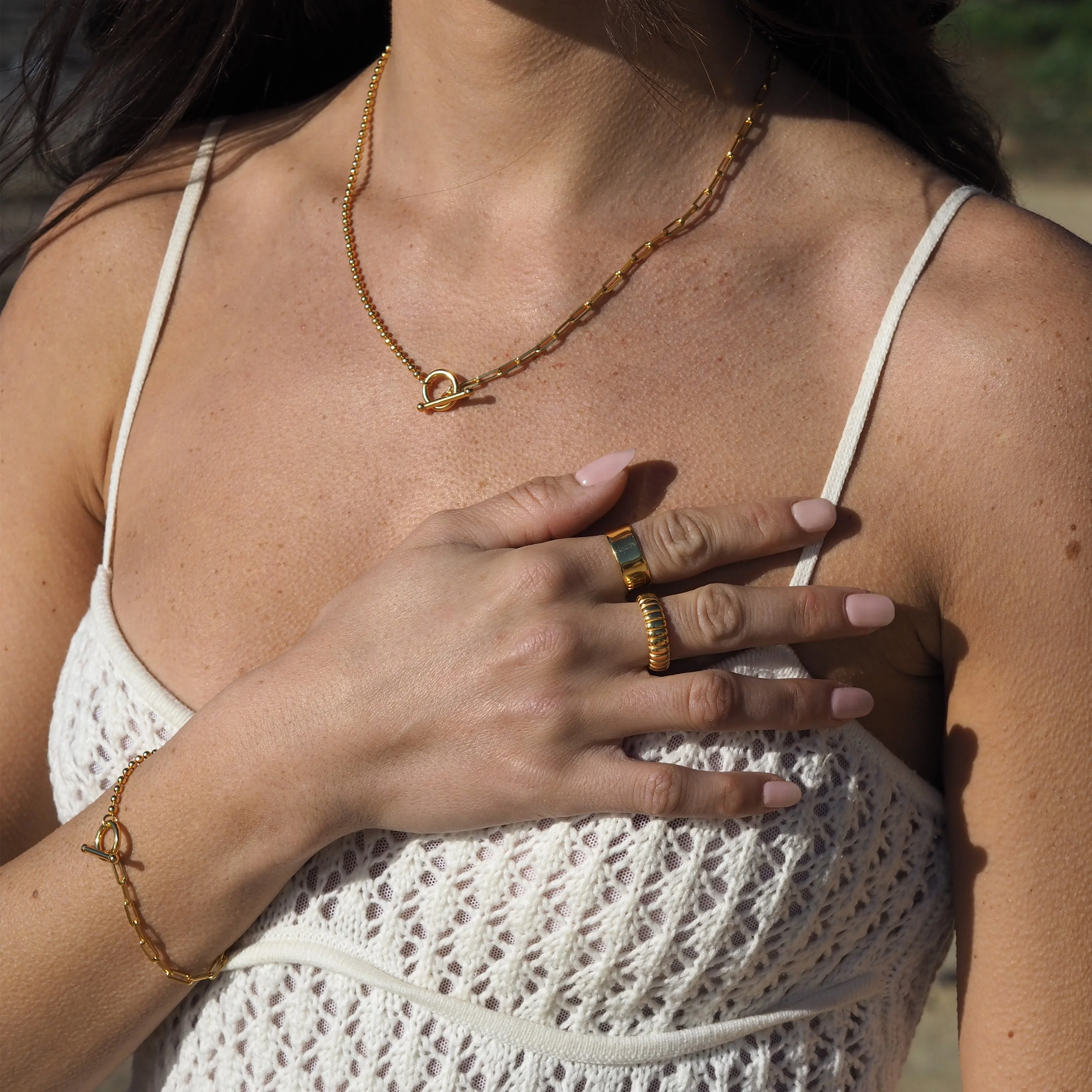 Gold Plated Sterling Silver T-Bar Paperclip Ball Chain Necklace - Image 3