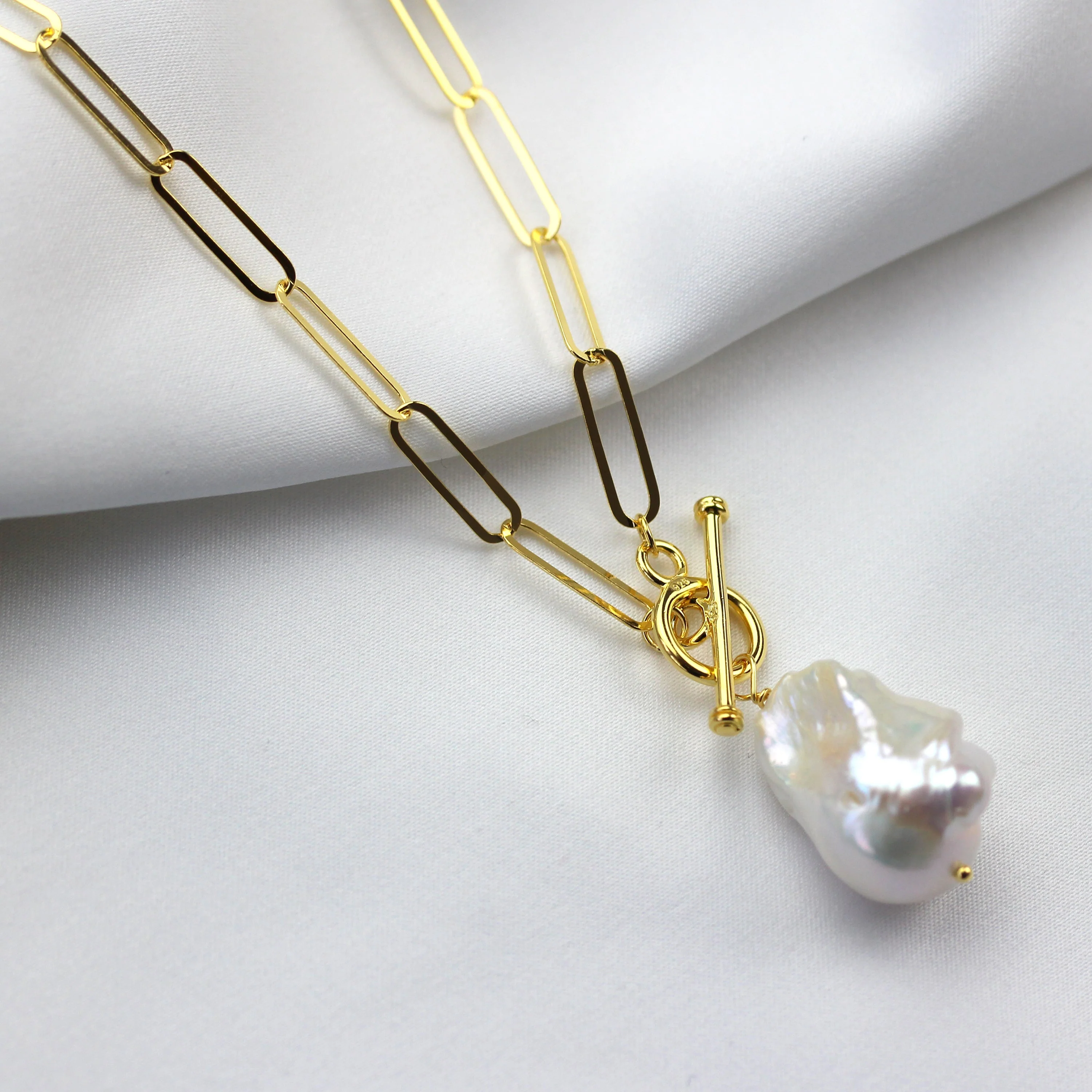 Gold Plated Sterling Silver Unique Pearl Drop Link Necklace - Image 2