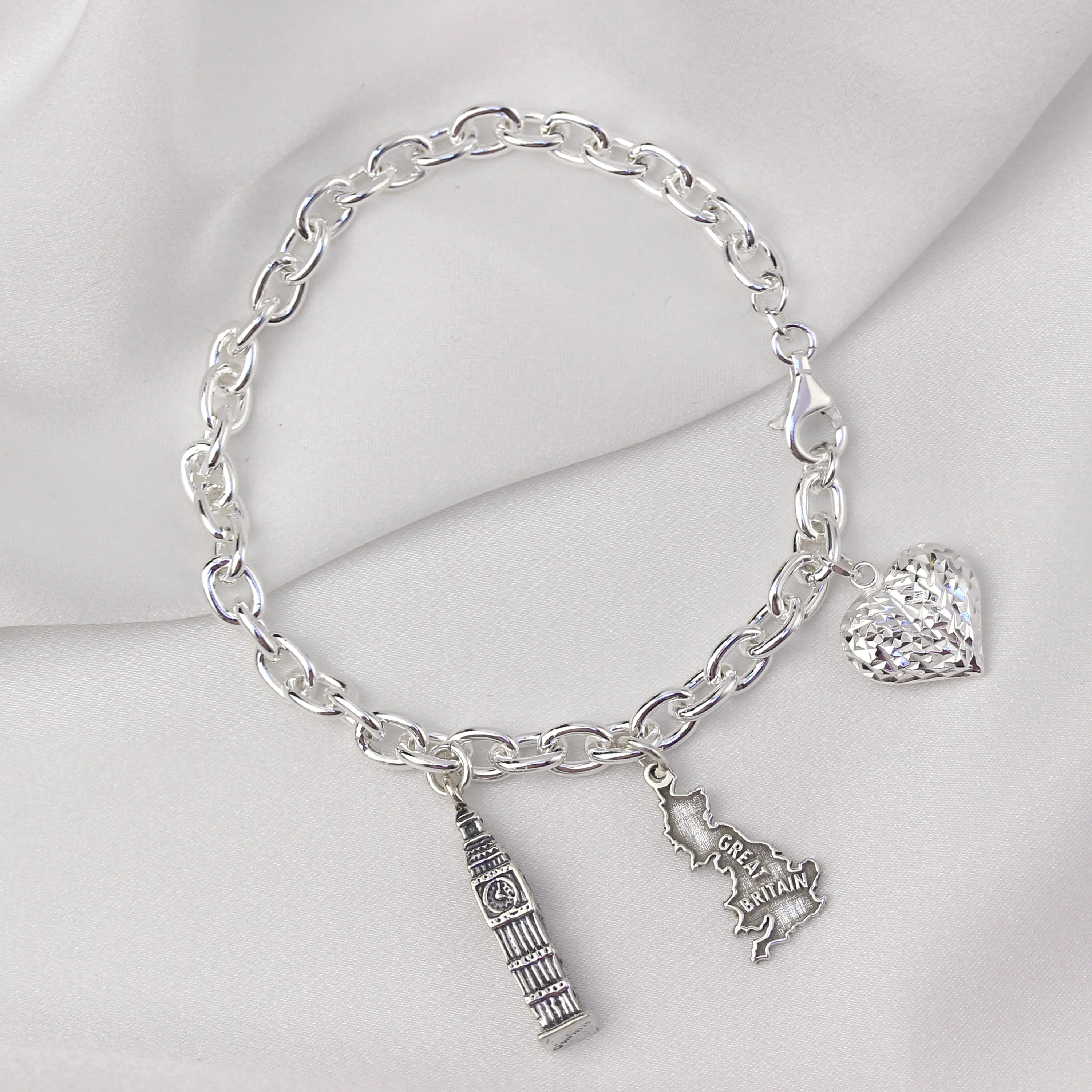 Heavy Sterling Silver Charm Bracelet with Diamond Cut Puffed Heart Charm - Image 4