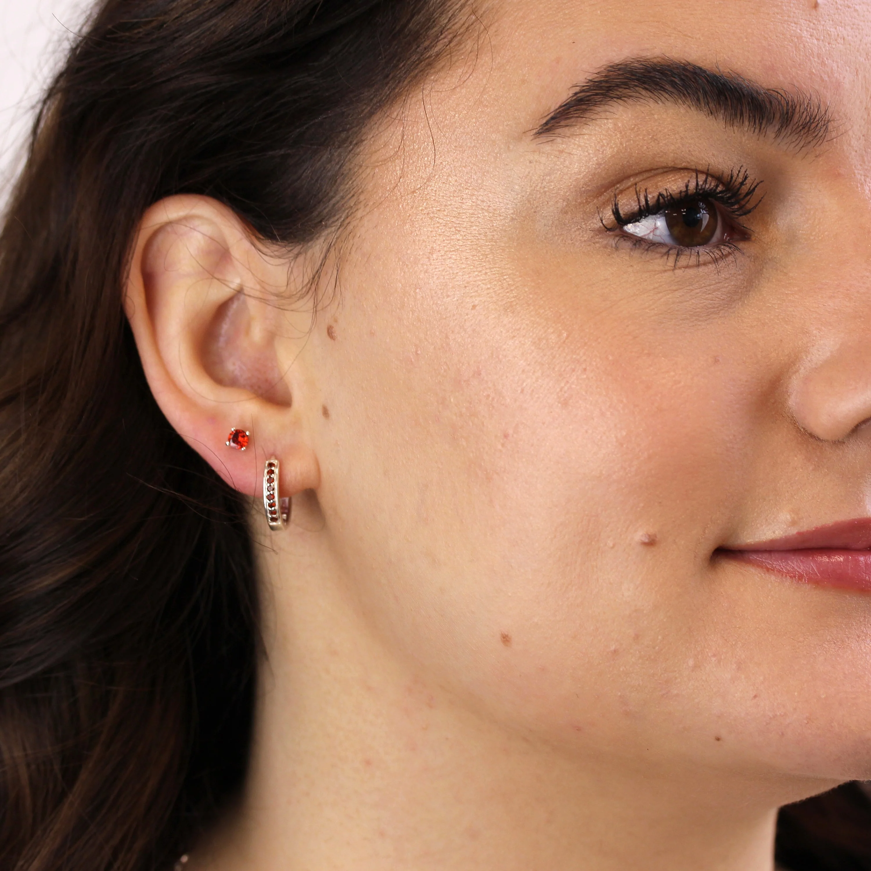 Sterling Silver Garnet CZ Pave 15mm Huggie Hoop Earrings - Image 2