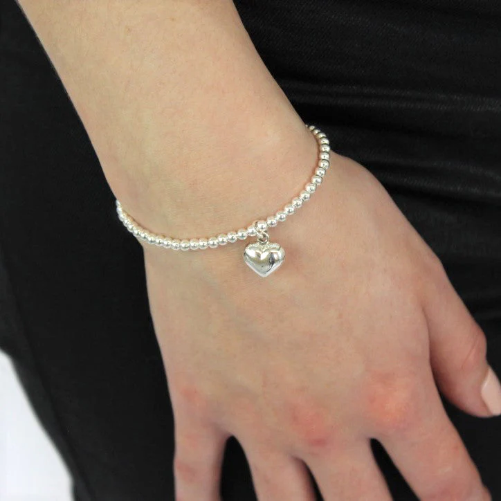 Sterling Silver Stretchy Beaded Heart Charm Bracelet - Image 3