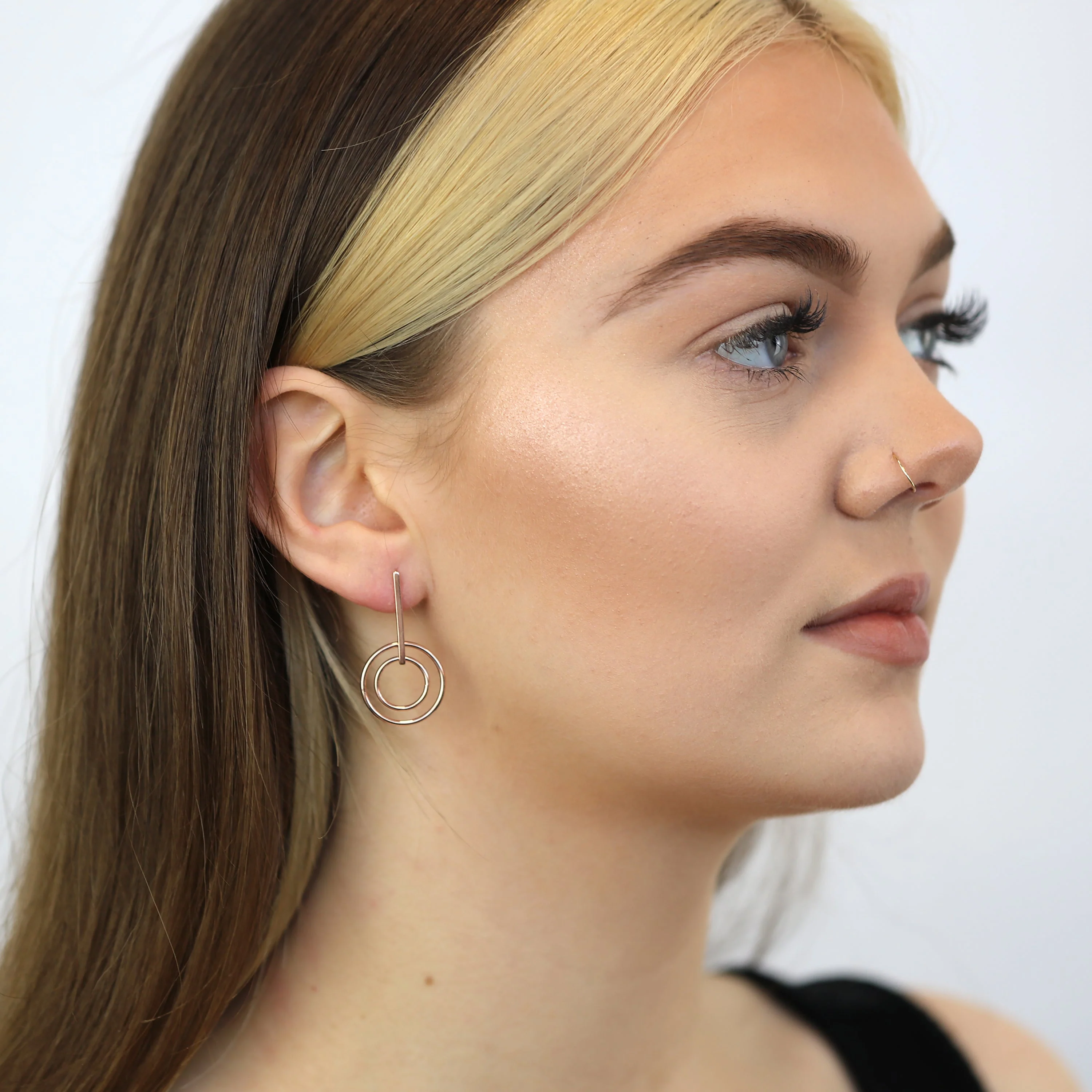 Rose Gold Plated Sterling Silver Bar & Circles Drop Stud Earrings - Image 2