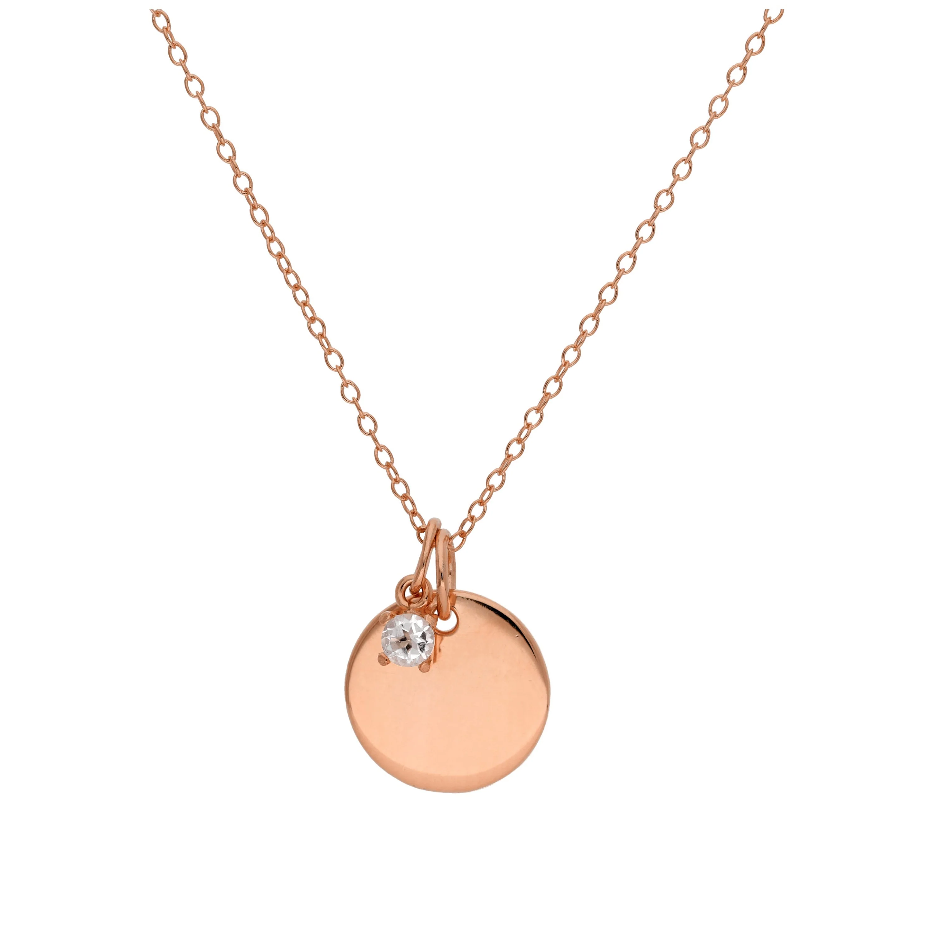 Rose Gold Plated Sterling Silver Birthstone CZ & Round Engravable Tag Necklace 16 - 24 Inches - Image 5