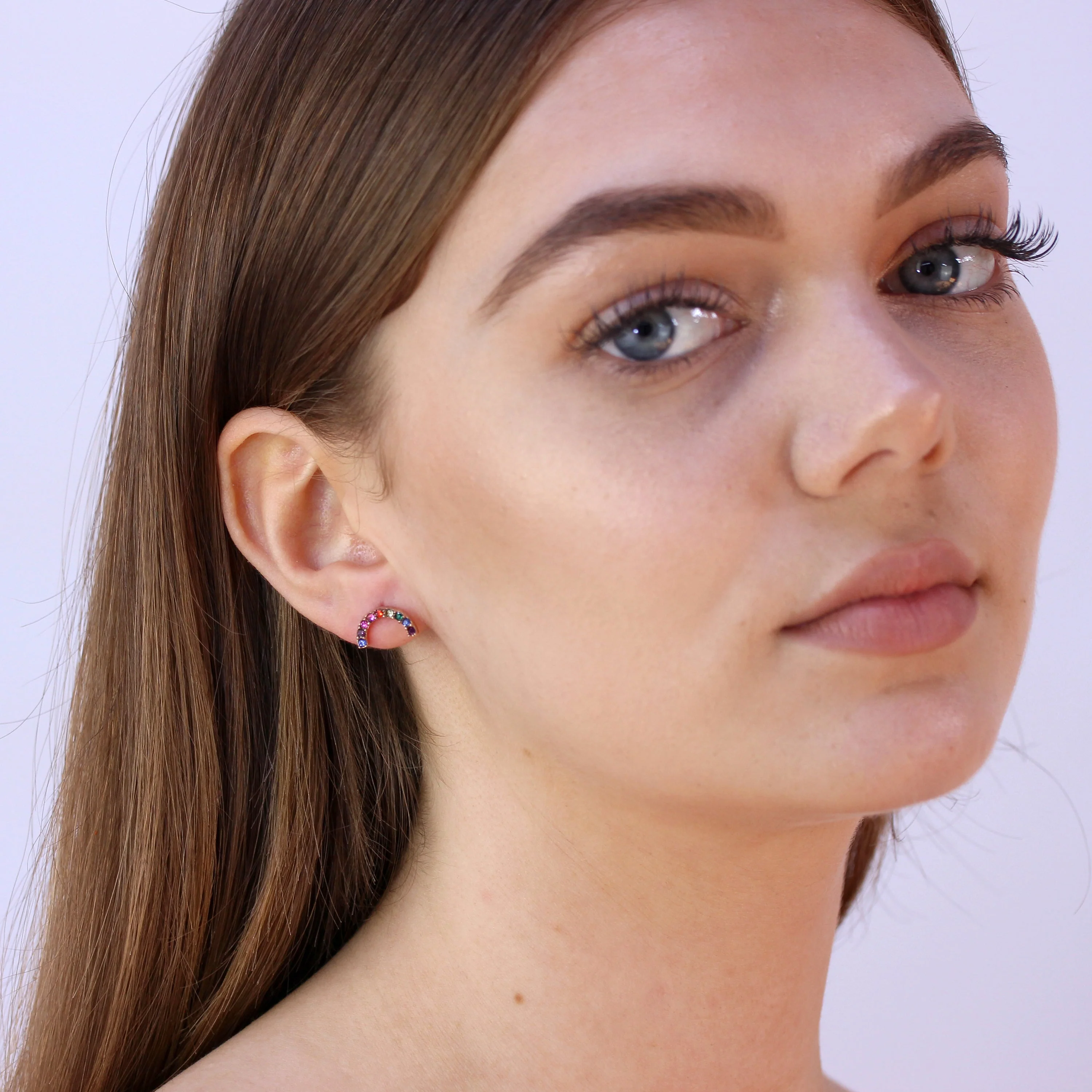 Rose Gold Plated Sterling Silver & CZ Rainbow Stud Earrings - Image 3