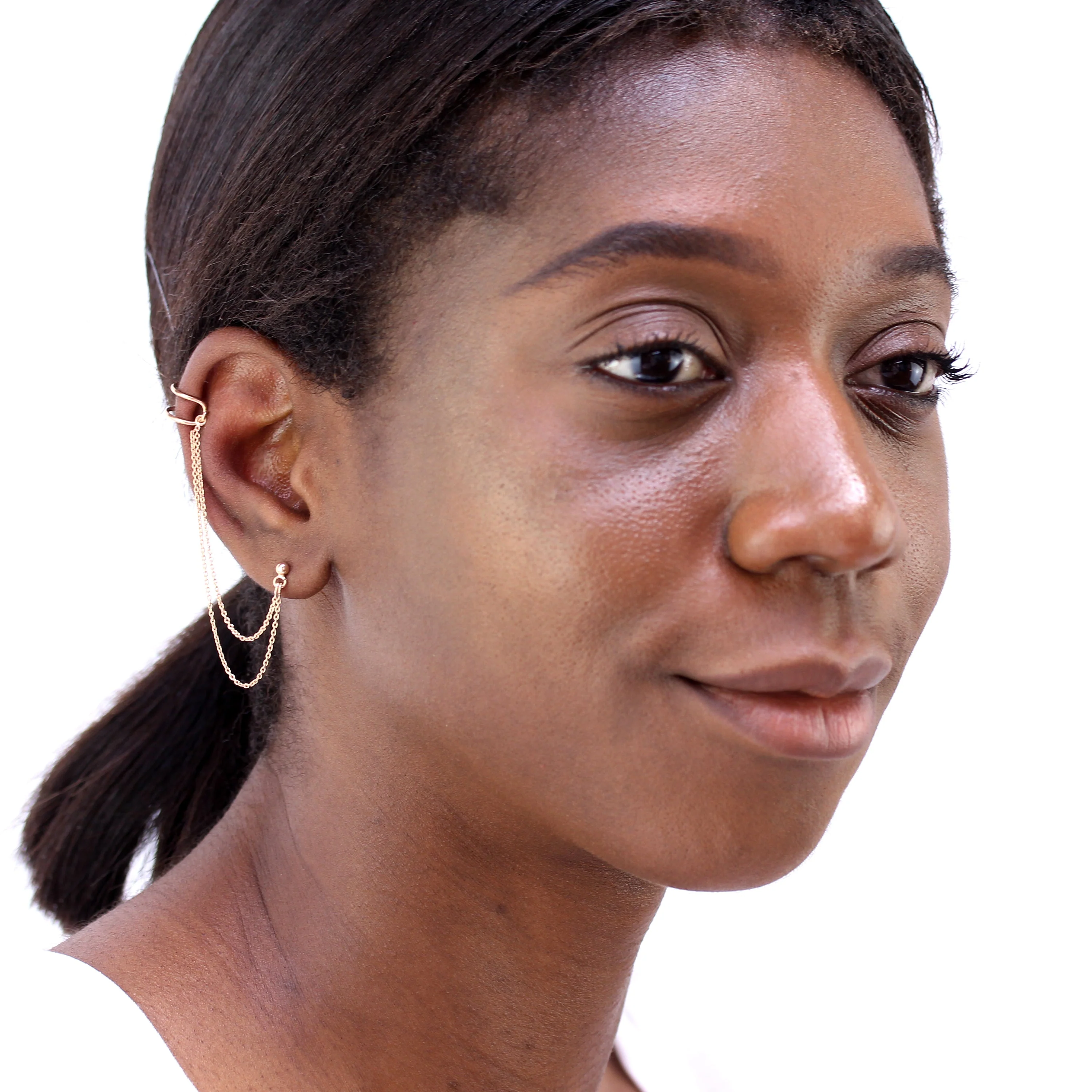 Rose Gold Plated Sterling Silver Ear Cuff & Stud Single Earring w Chain - Image 2