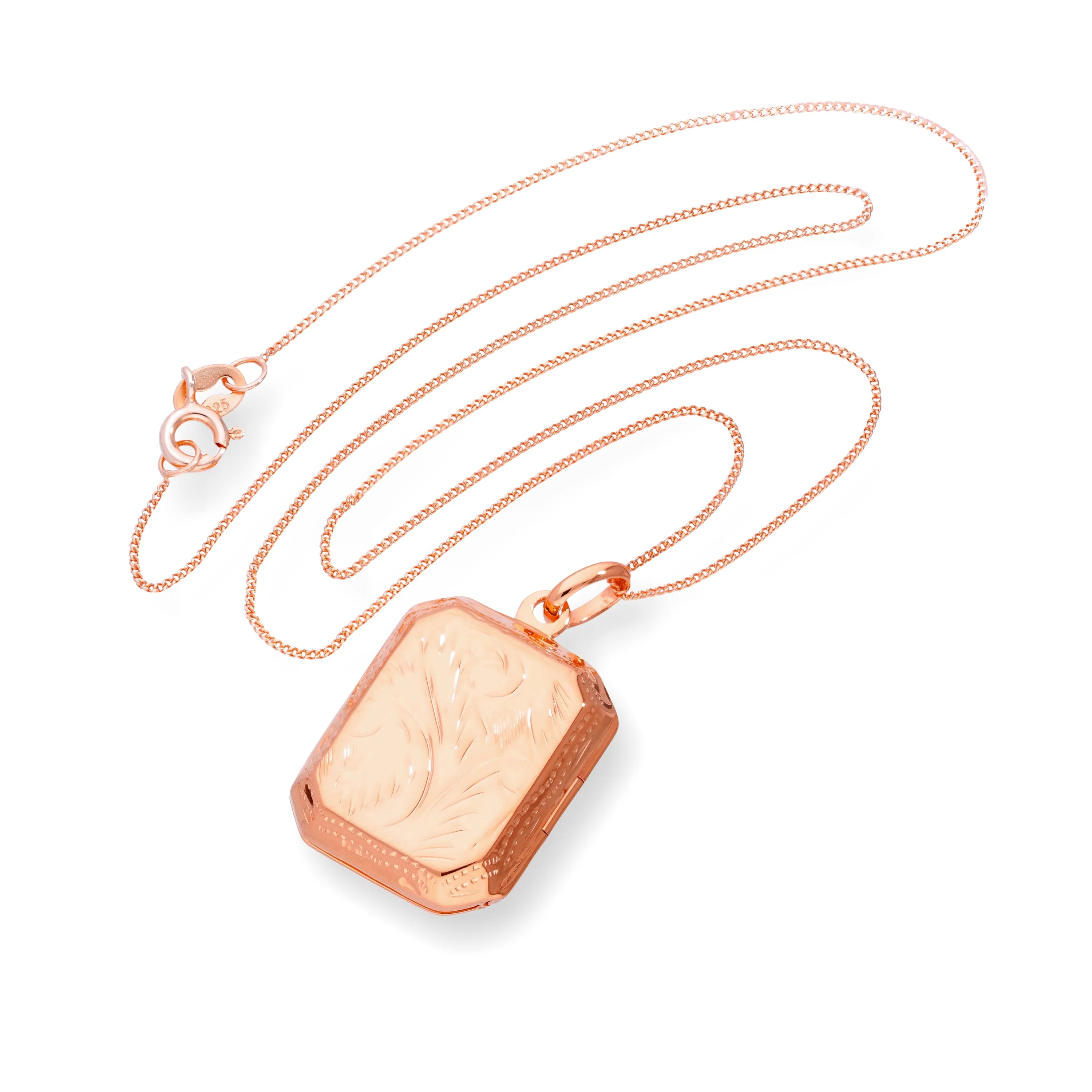 Rose Gold Plated Sterling Silver Octagonal Engraved Locket 16 - 22 Inches - Image 3