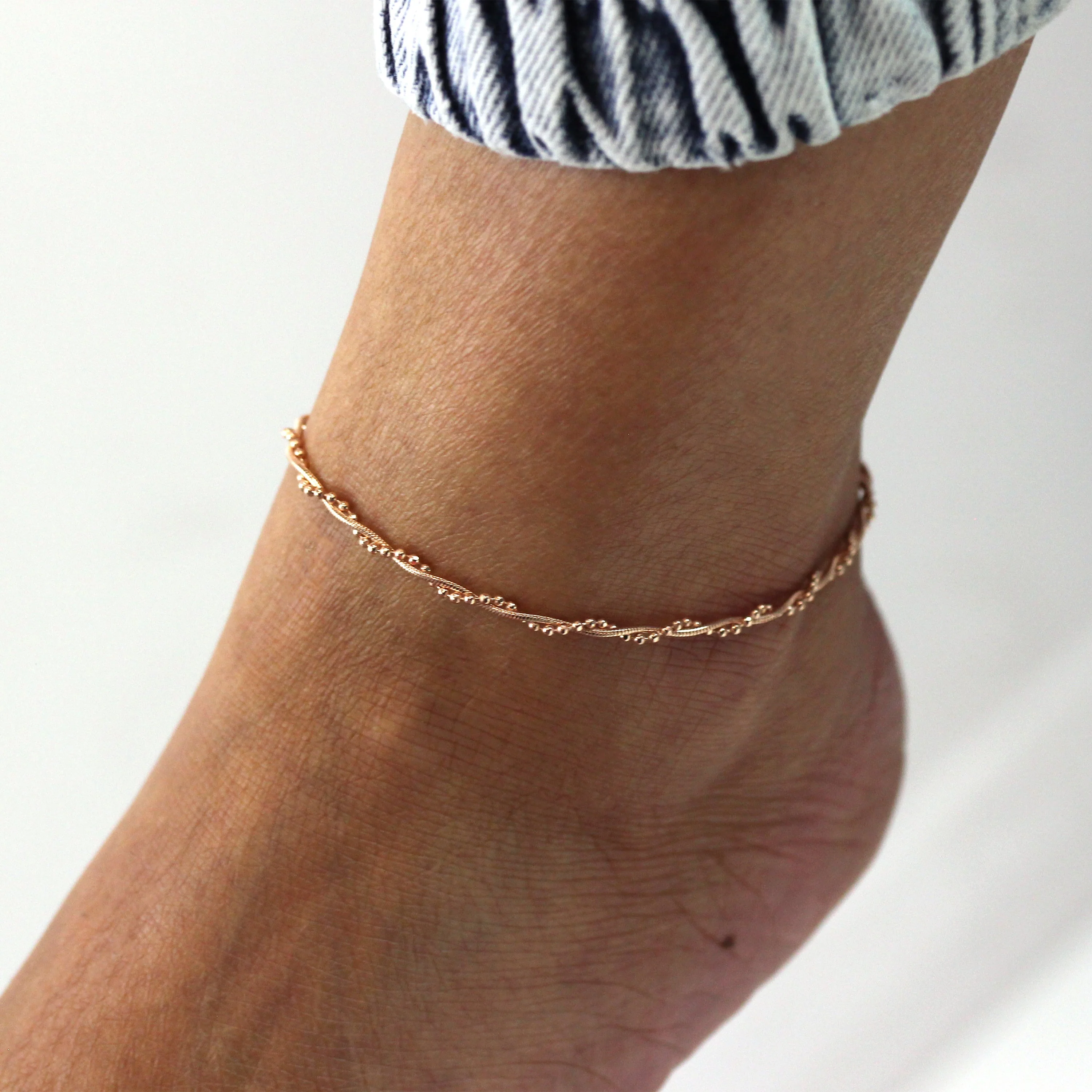 Rose Gold Plated Sterling Silver Snake & Bead Twisted Anklet - Image 2