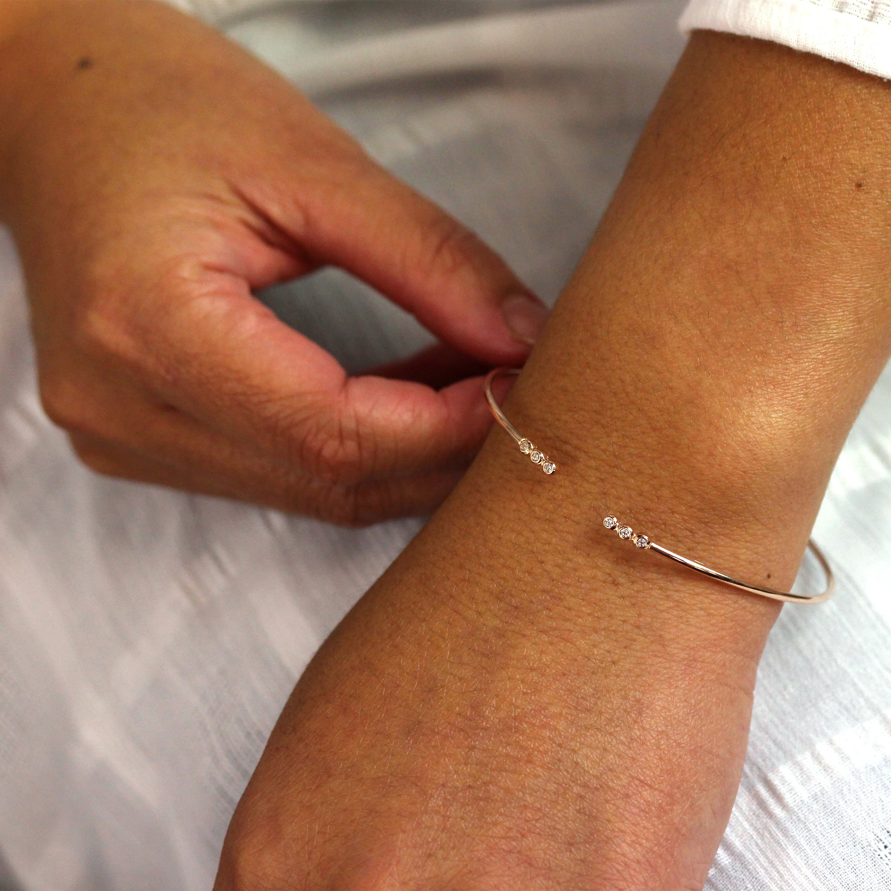 Rose Gold Plated Sterling Silver Tiny Round CZ Cuff Bangle - Image 2