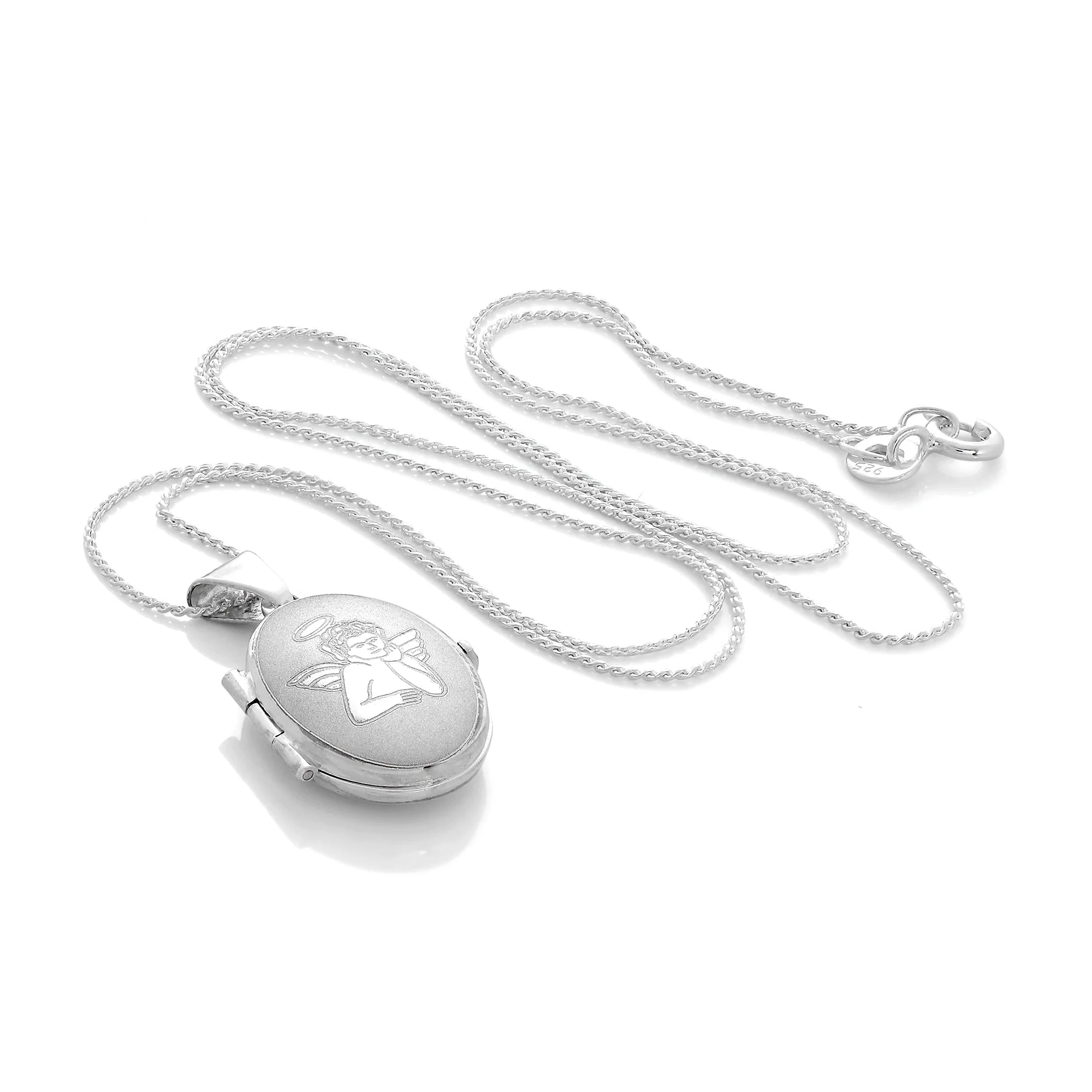 Small Matt Sterling Silver Oval Locket with Angel on Chain - Image 3