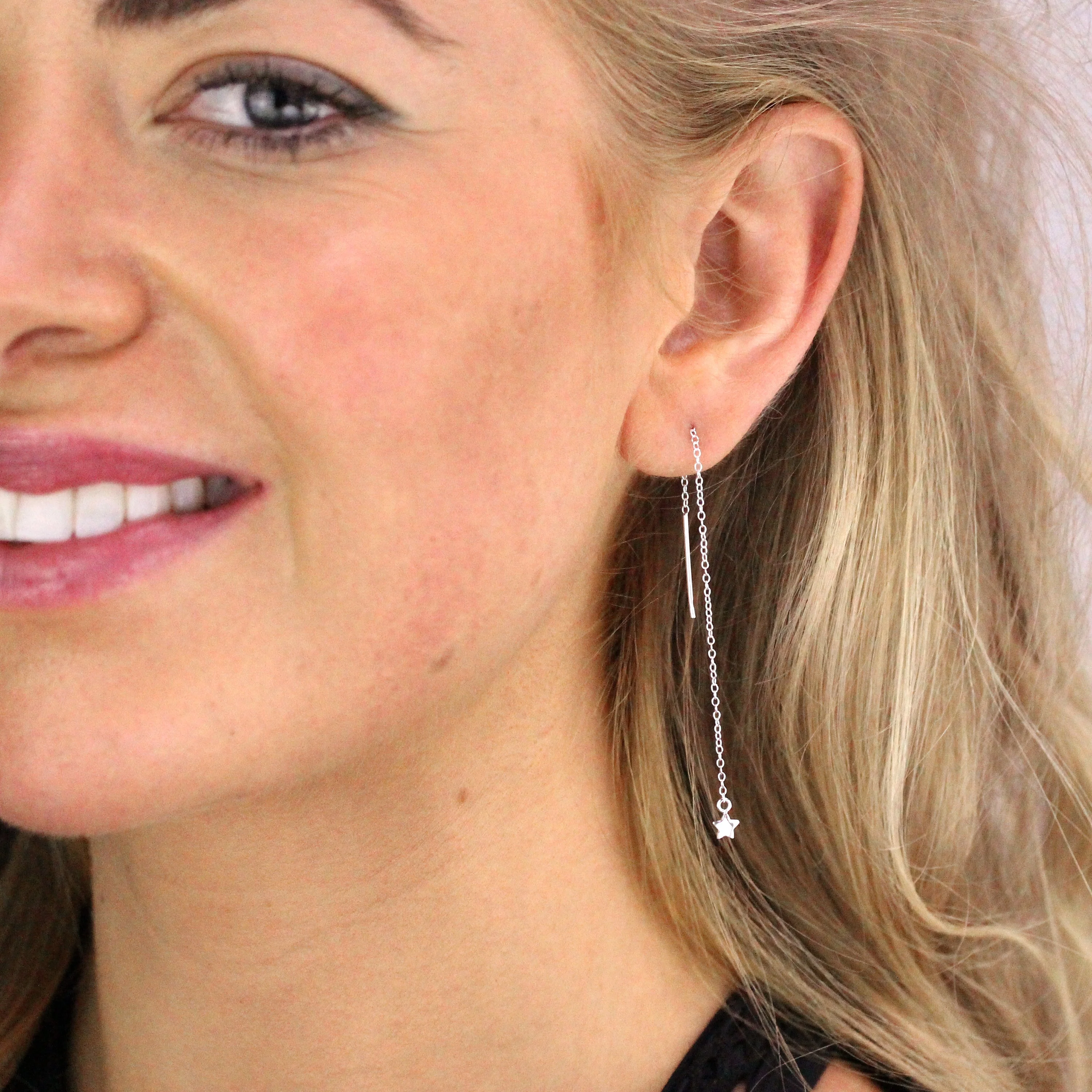 Small Sterling Silver Flat Star Pull Through Earrings - Image 2