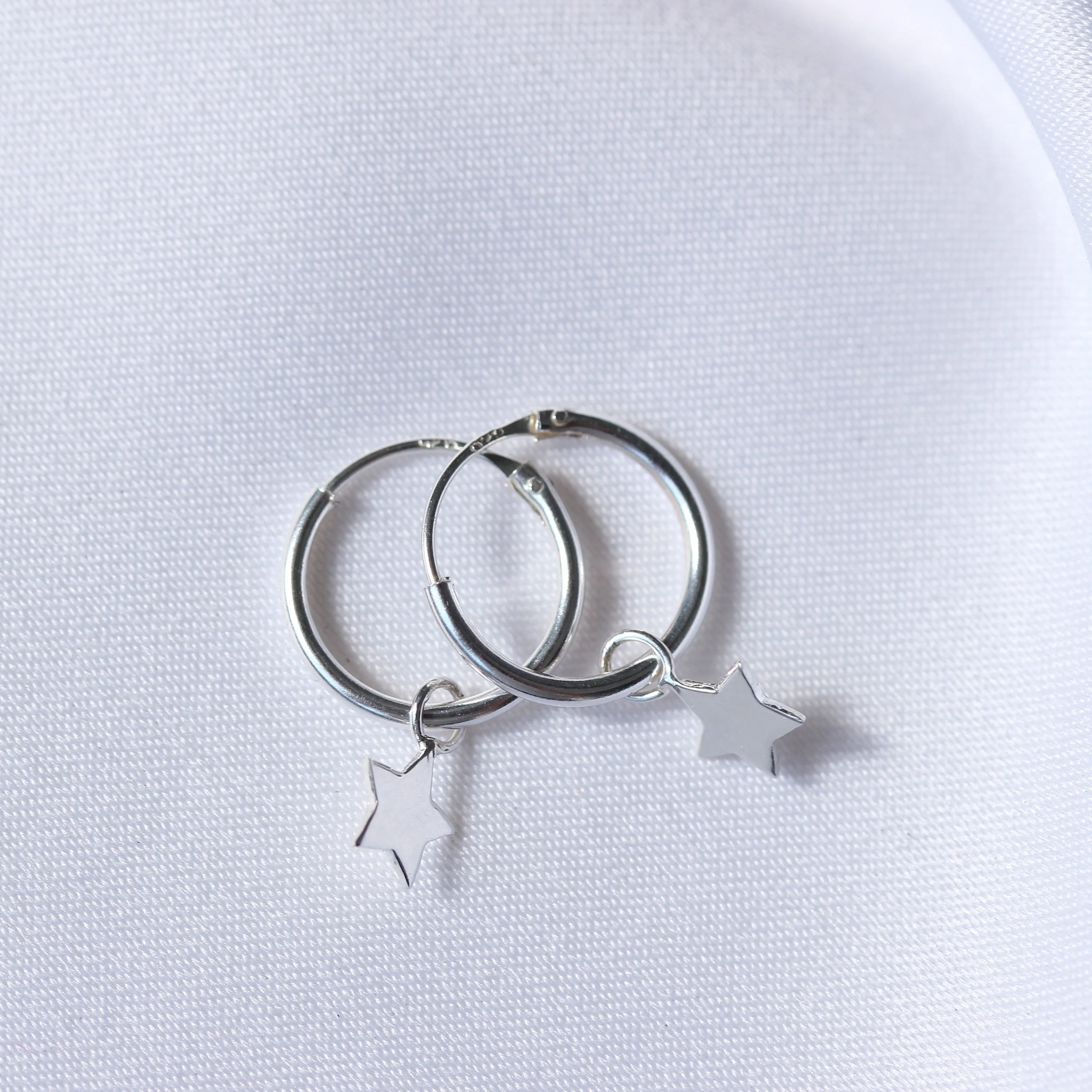Small Sterling Silver Hinged Star Charm 12mm Hoop Earrings - Image 2
