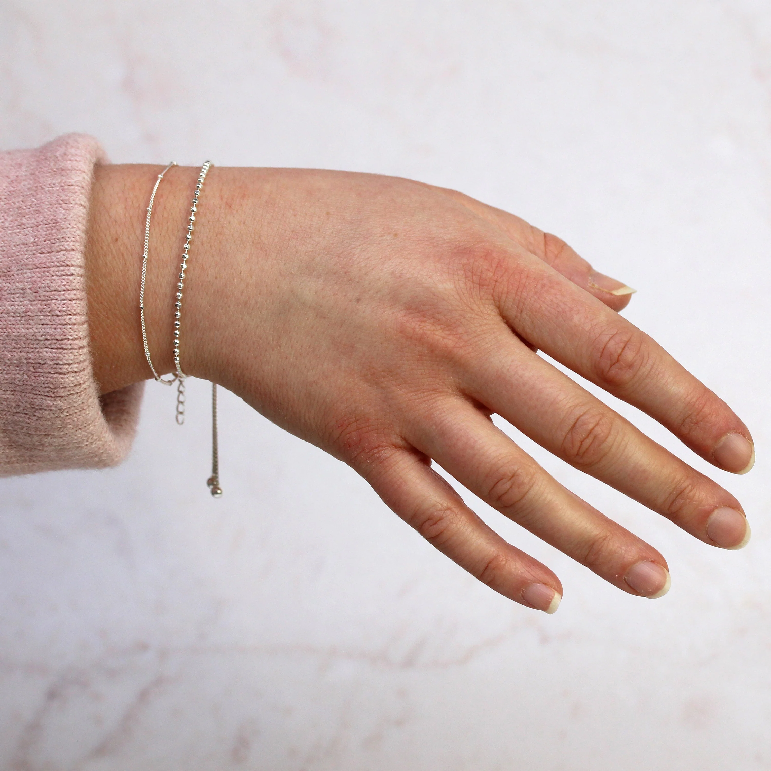 Sterling Silver 10 Inch Bead Chain & Box Chain Adjustable Bracelet - Image 3