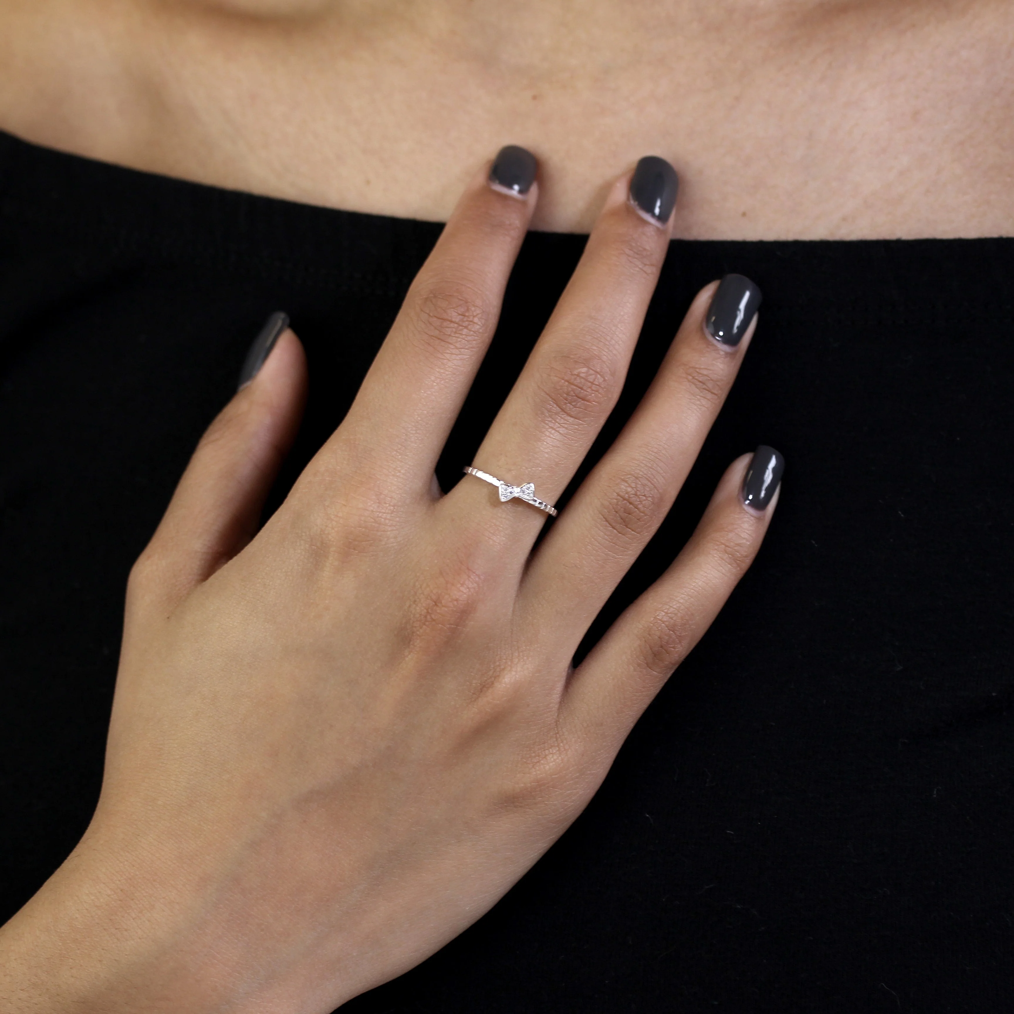 Sterling Silver 1mm Ring with CZ Crystal Bow - Size J - W - Image 2
