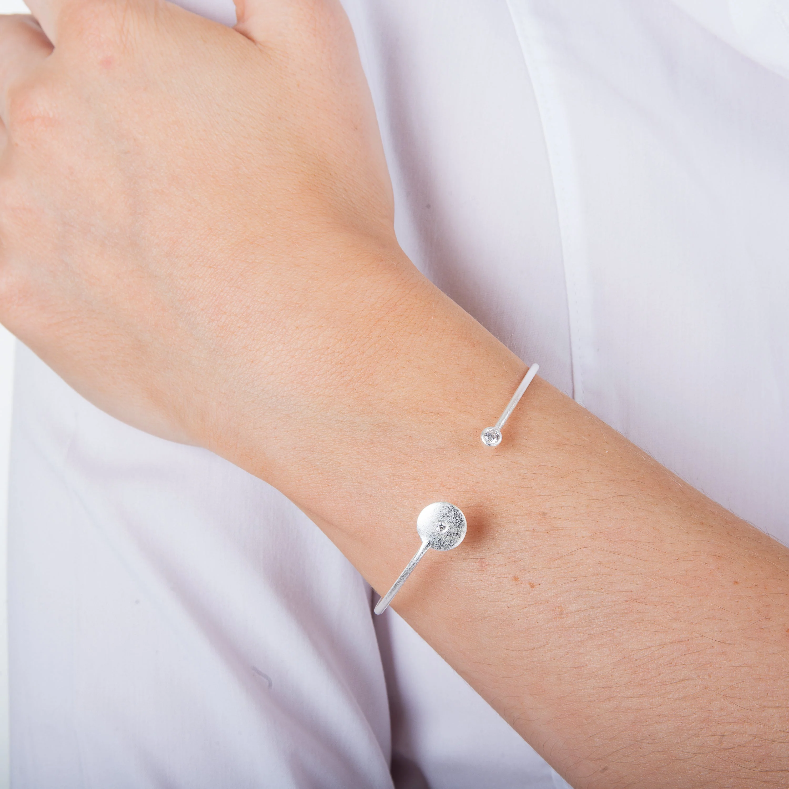 Sterling Silver 55mm Brushed Sterling Silver & CZ Bangle - Image 2