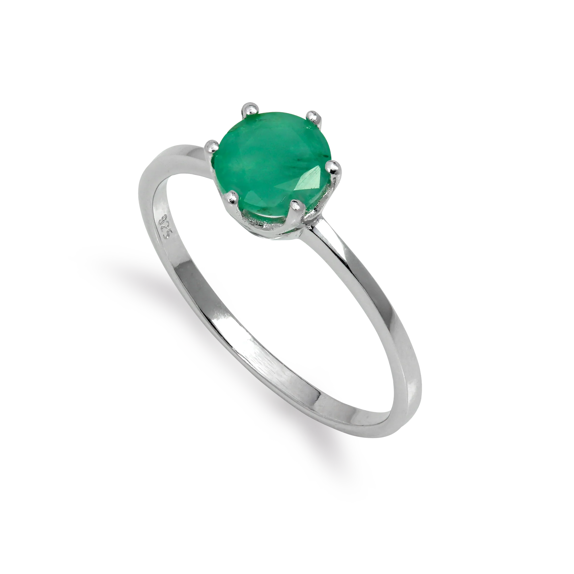 Sterling Silver & 6mm Round Emerald Gemstone Ring Size I - U
