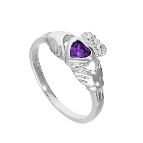 Sterling Silver & Amethyst CZ Crystal February Birthstone Claddagh Ring I - U - Image 2