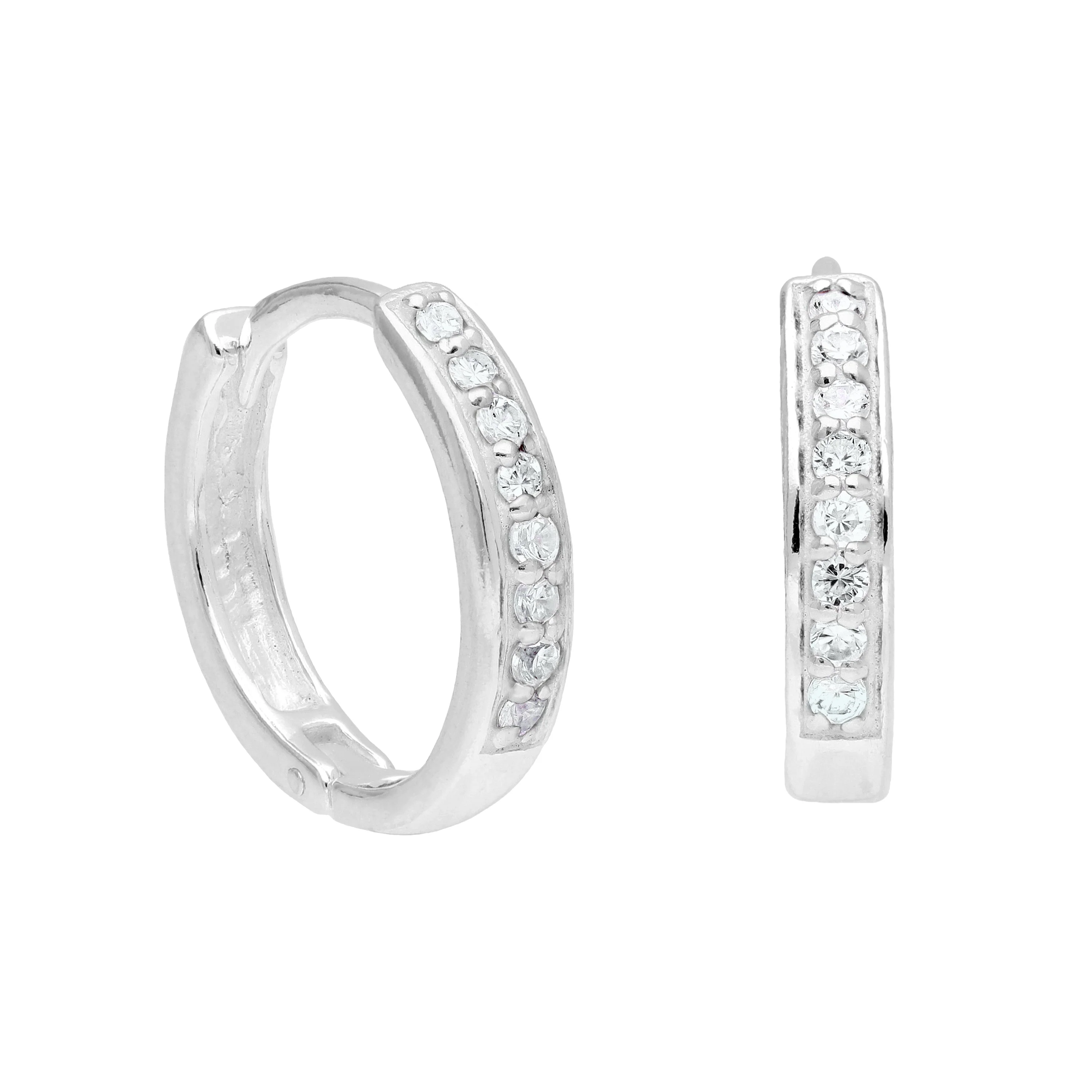 Sterling Silver Aquamarine CZ Pave 15mm Huggie Hoop Earrings