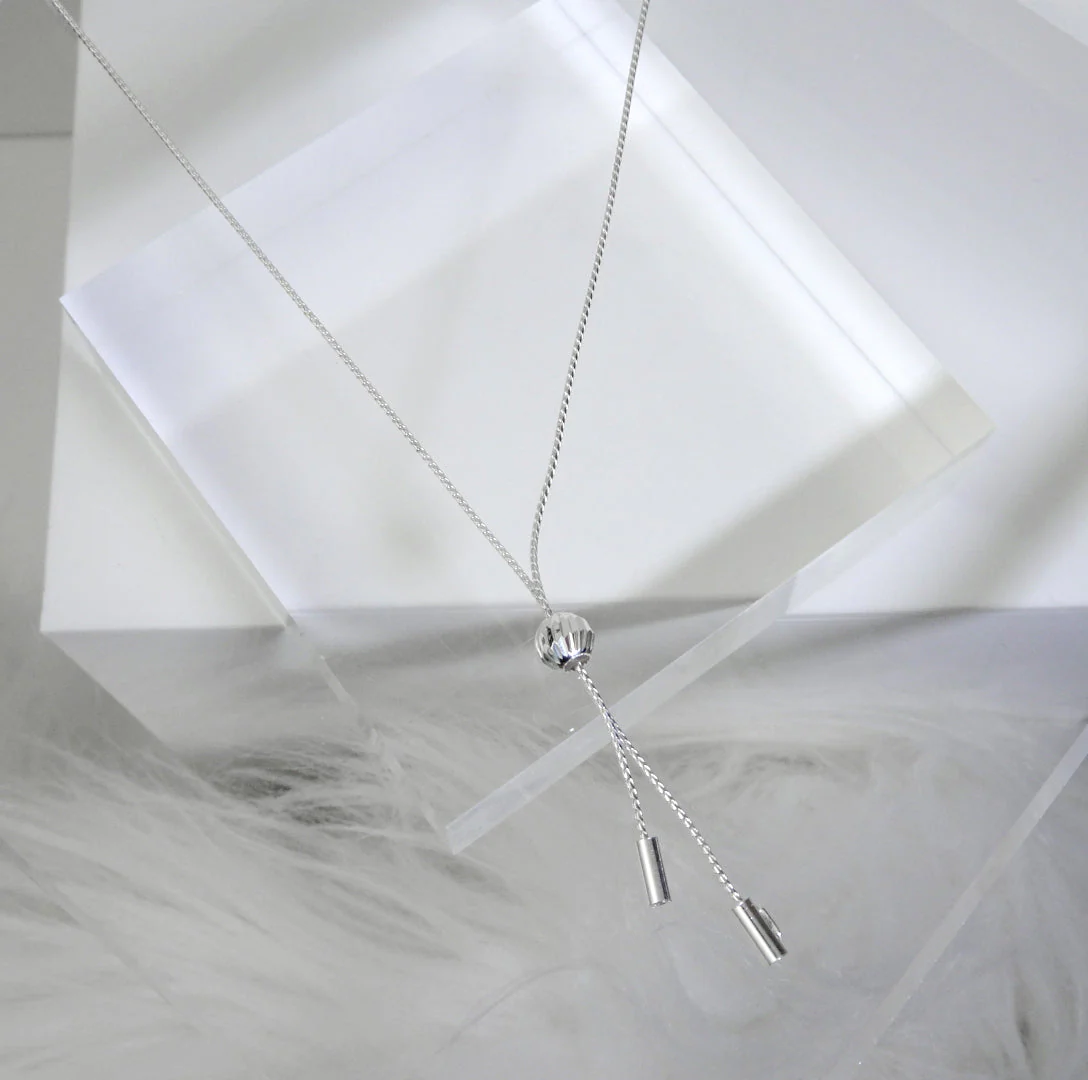 Sterling Silver Ball Double Tassel Dangle Drop Adjustable Necklace - Image 2