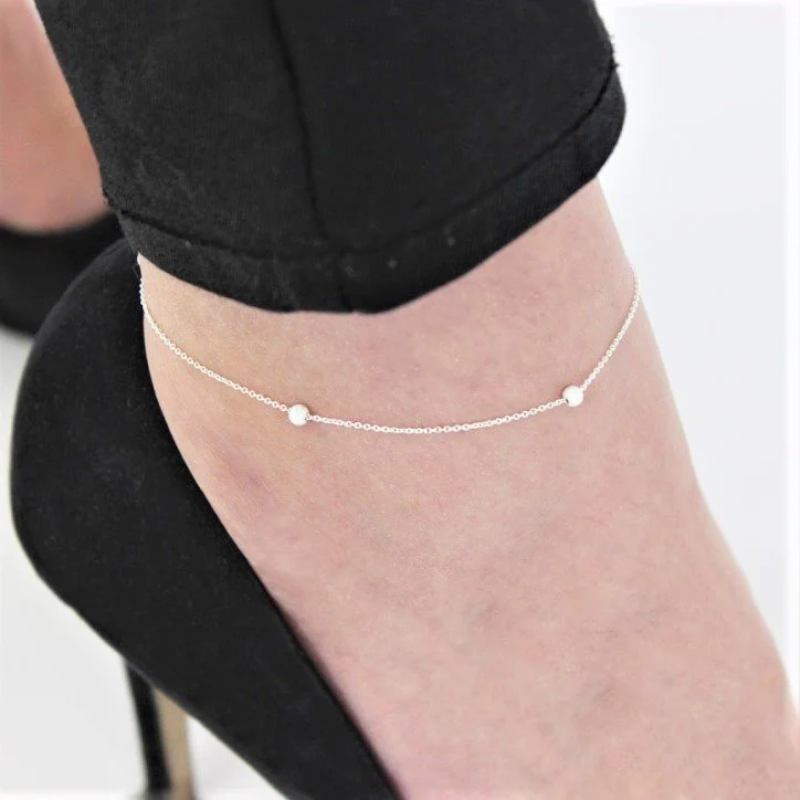 Sterling Silver Belcher Chain Anklet with 3 Frosted Beads - Image 2