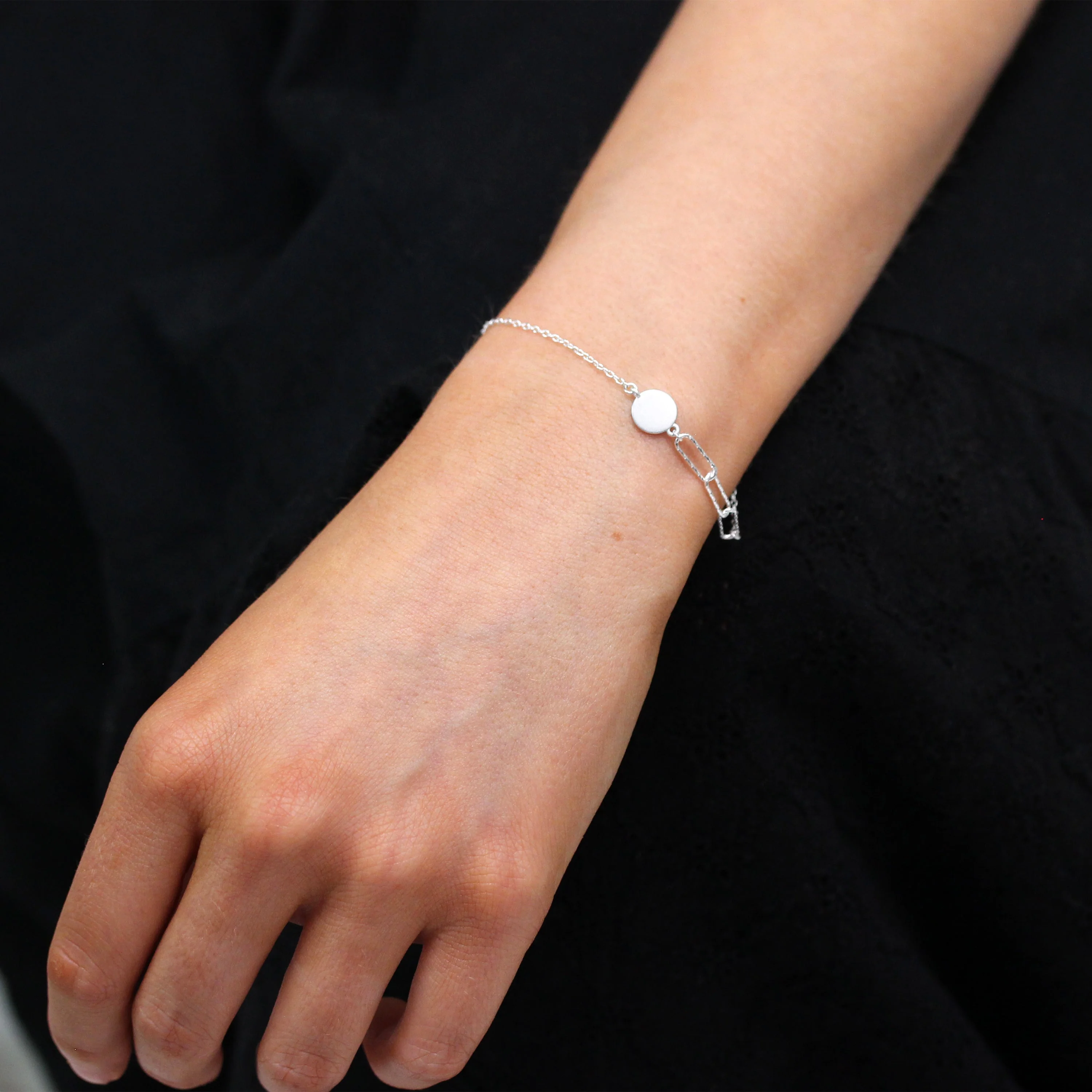 Sterling Silver Brushed Engravable Disc Long Link Bracelet - Image 2