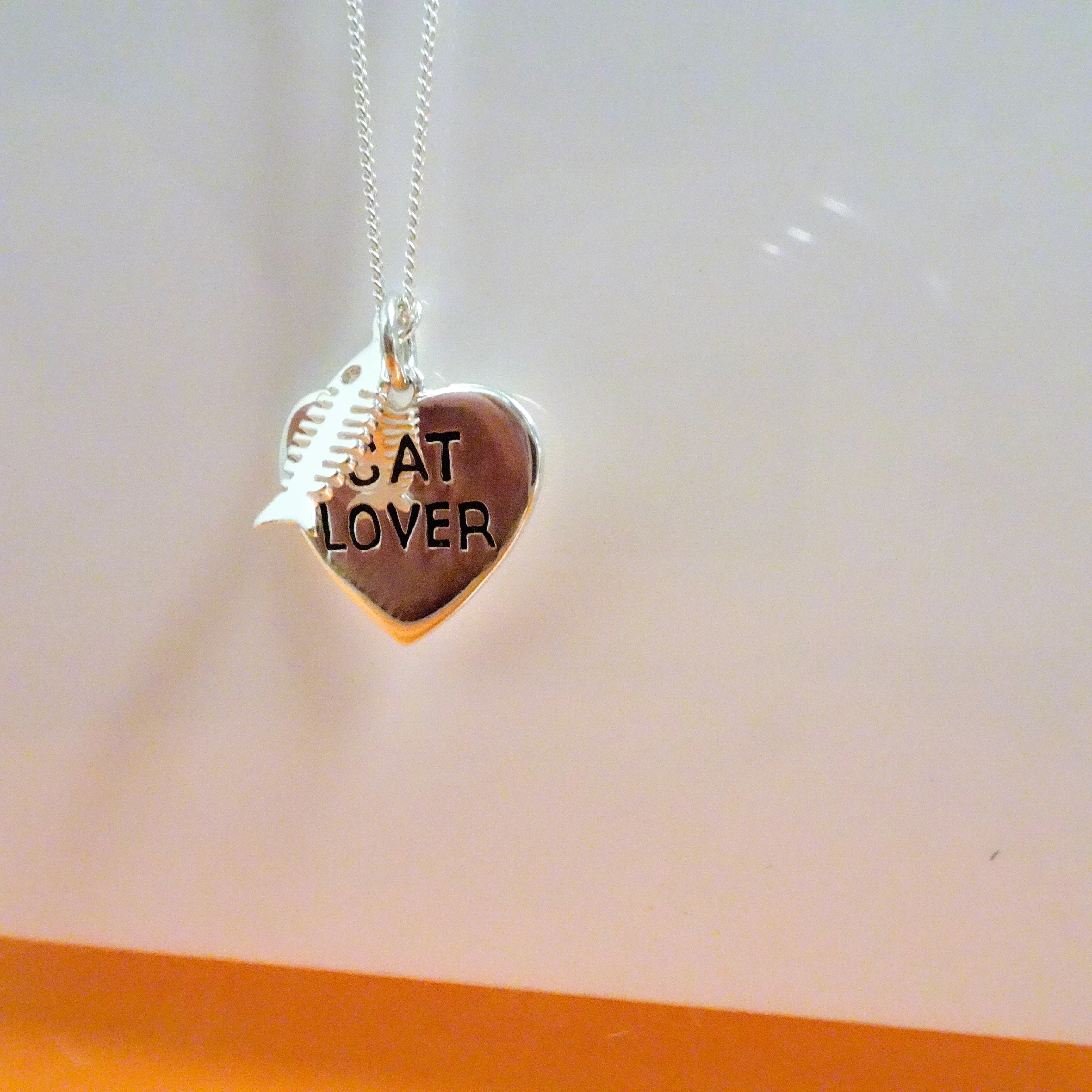 Sterling Silver Cat Lover Heart & Fish Bone Necklace - Image 2