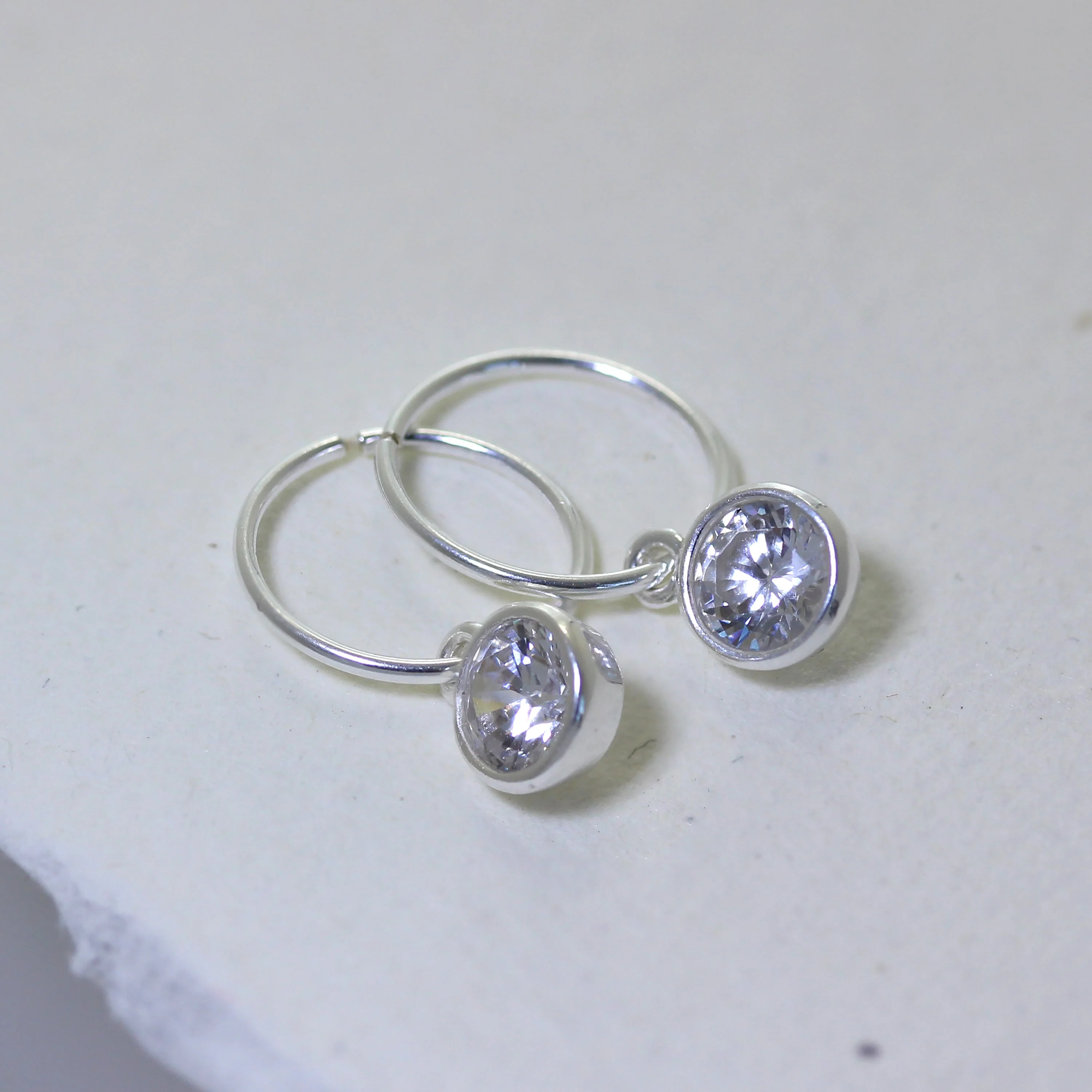 Sterling Silver Clear Crystal Rubover Charm Hoop 12mm Earrings - Image 2