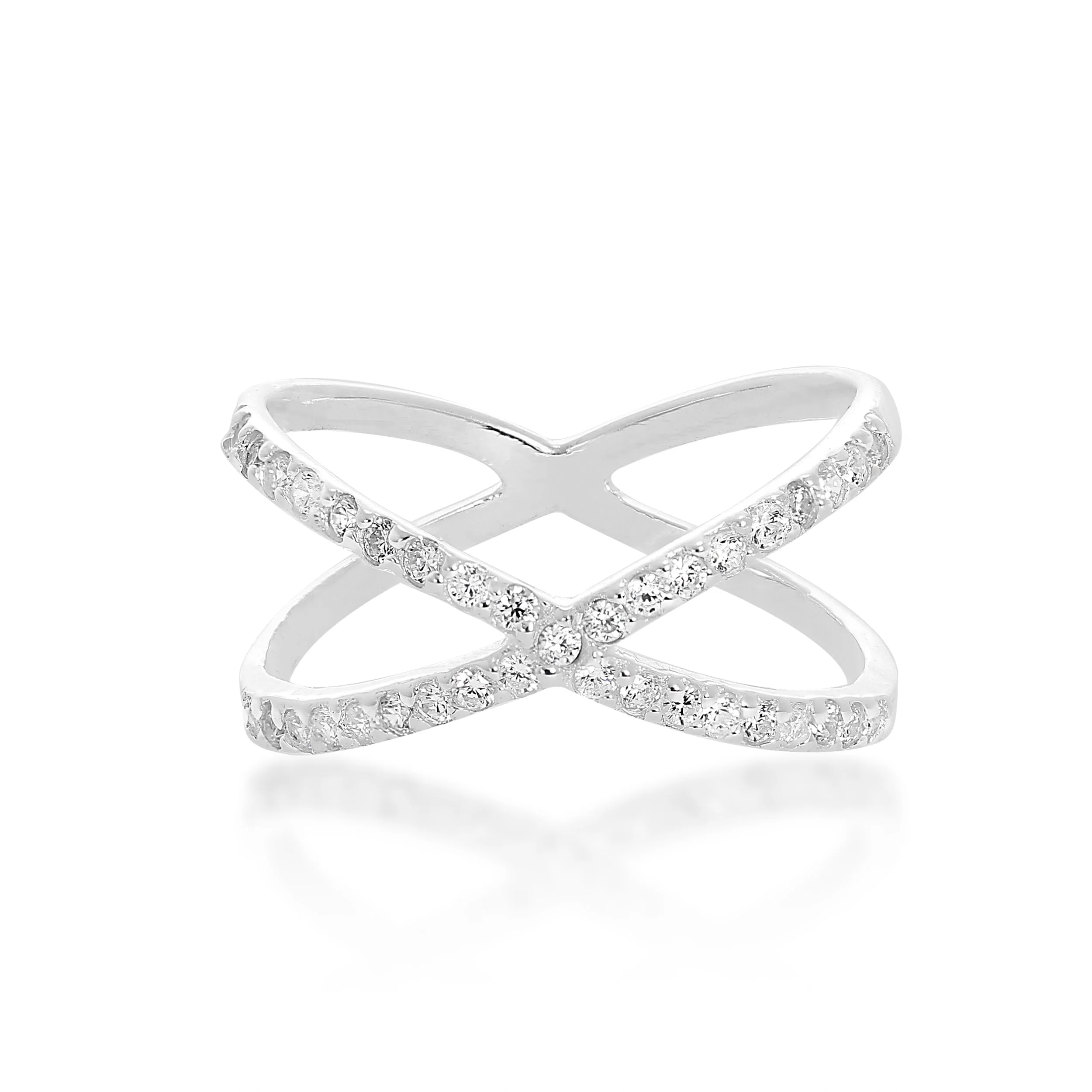 Sterling Silver & Clear CZ Crystal Criss Cross Ring Sizes K - X - Image 2