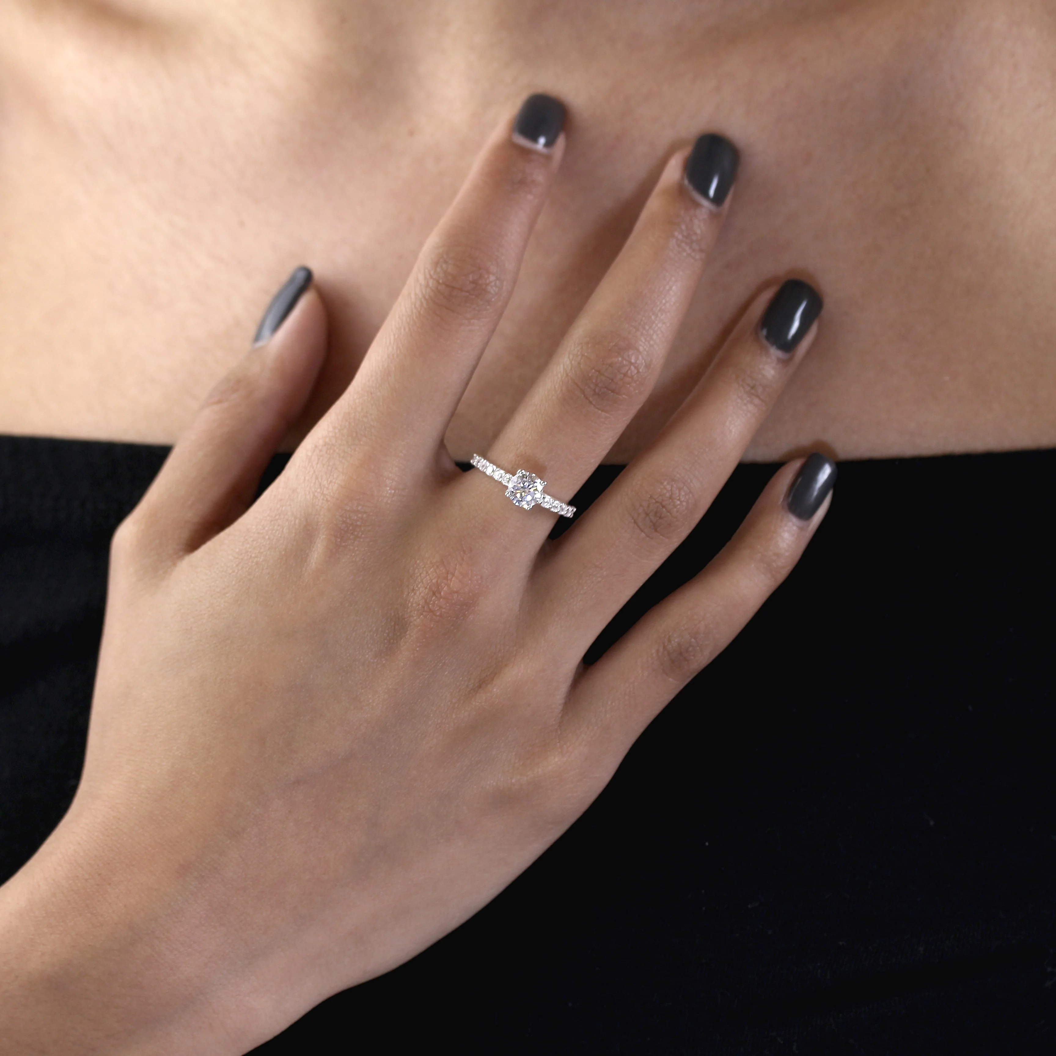 Sterling Silver & Clear CZ Crystal Ring w CZ Crystals on Shoulders Size J - V - Image 2