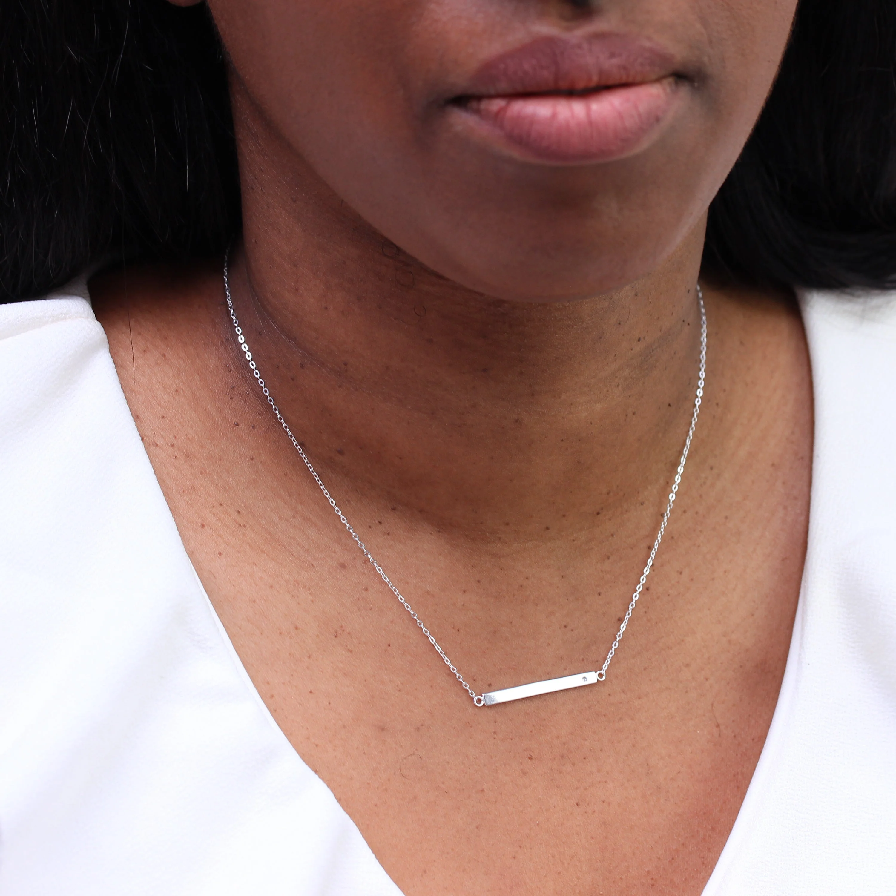Sterling Silver Clear CZ Engravable Bar Necklace 18 Inch Chain - Image 3