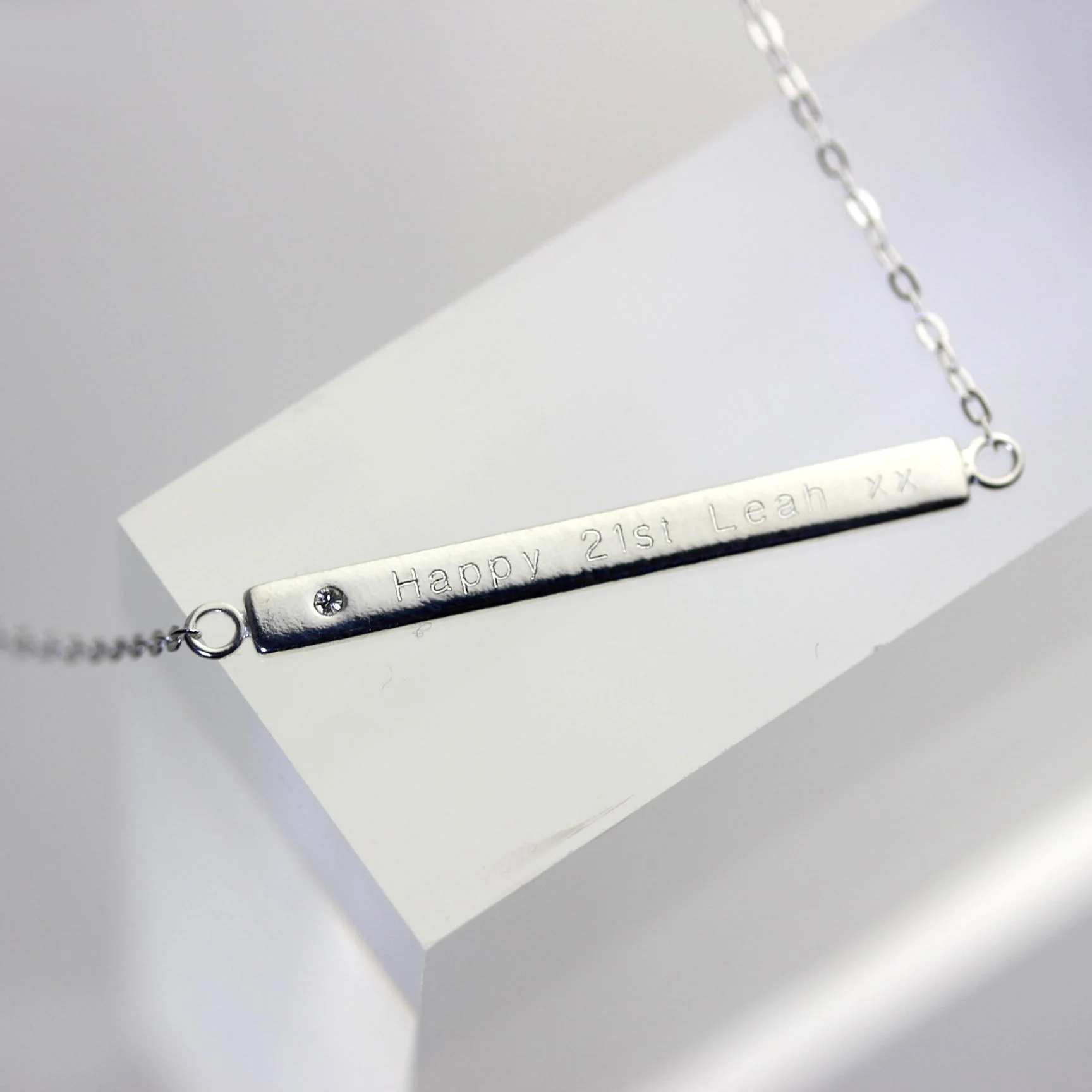 Sterling Silver Clear CZ Engravable Bar Necklace 18 Inch Chain - Image 5