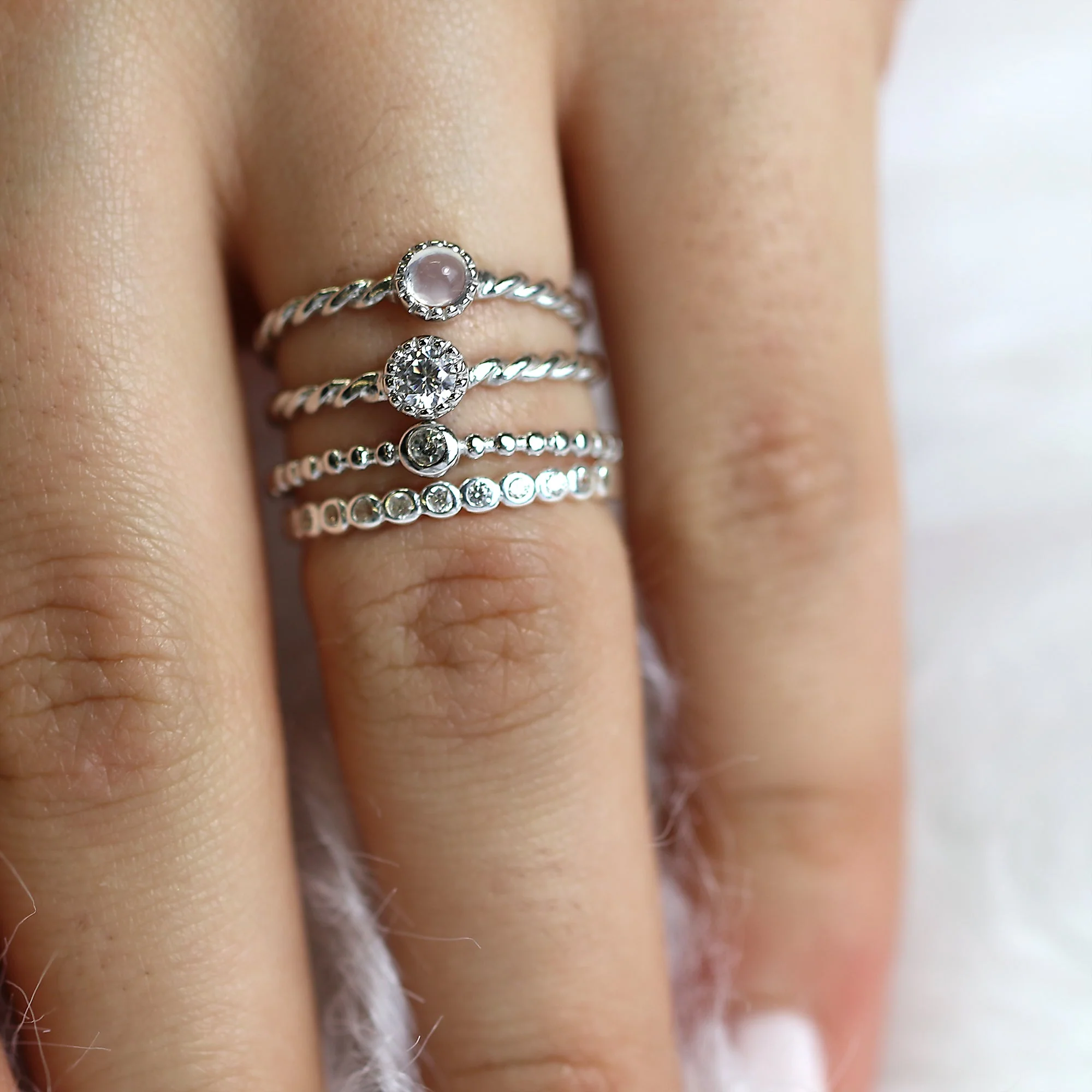 Sterling Silver Clear Twisted & Beaded CZ Stacking Rings Set - Image 2