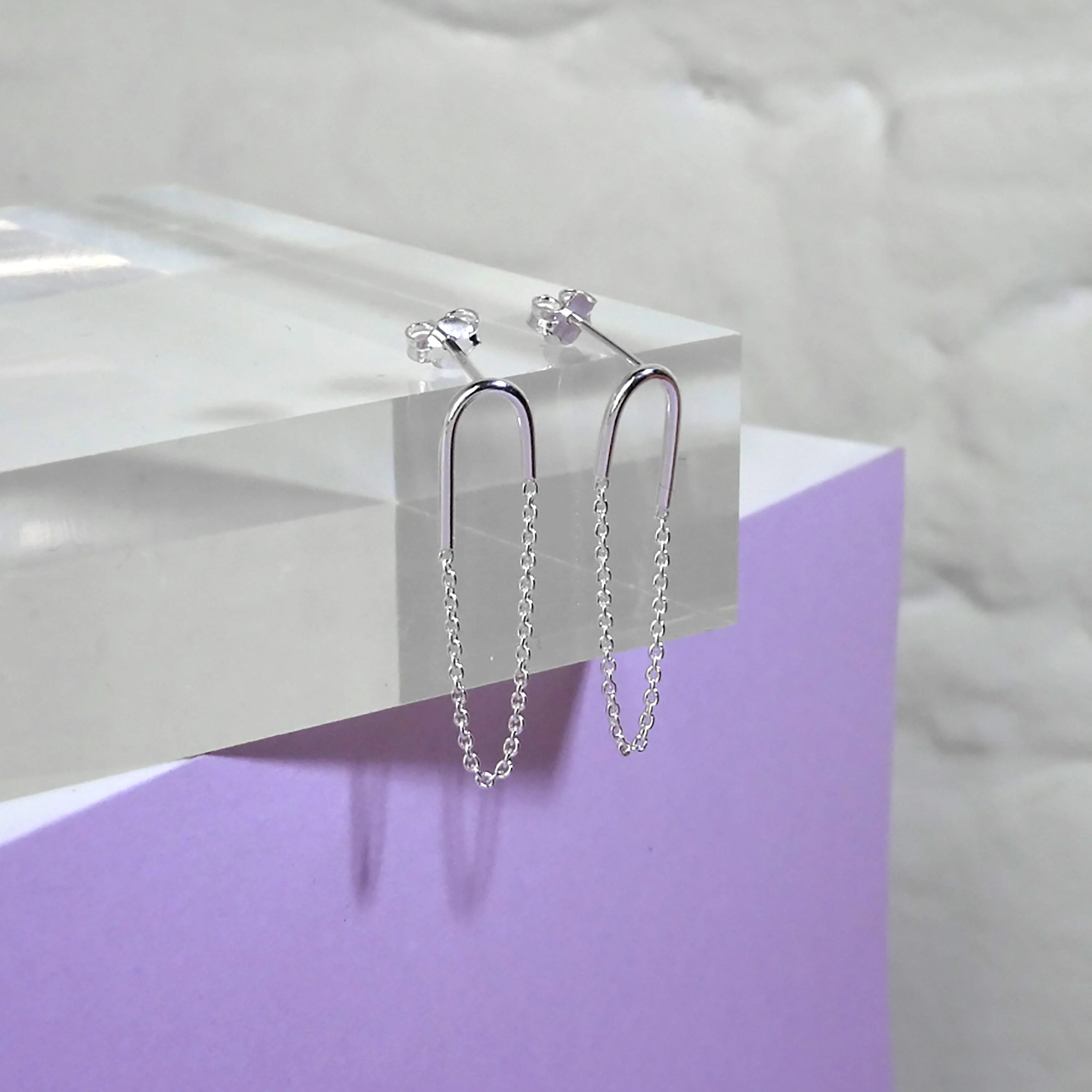 Sterling Silver Curve Bar Chain Stud Earrings - Image 2