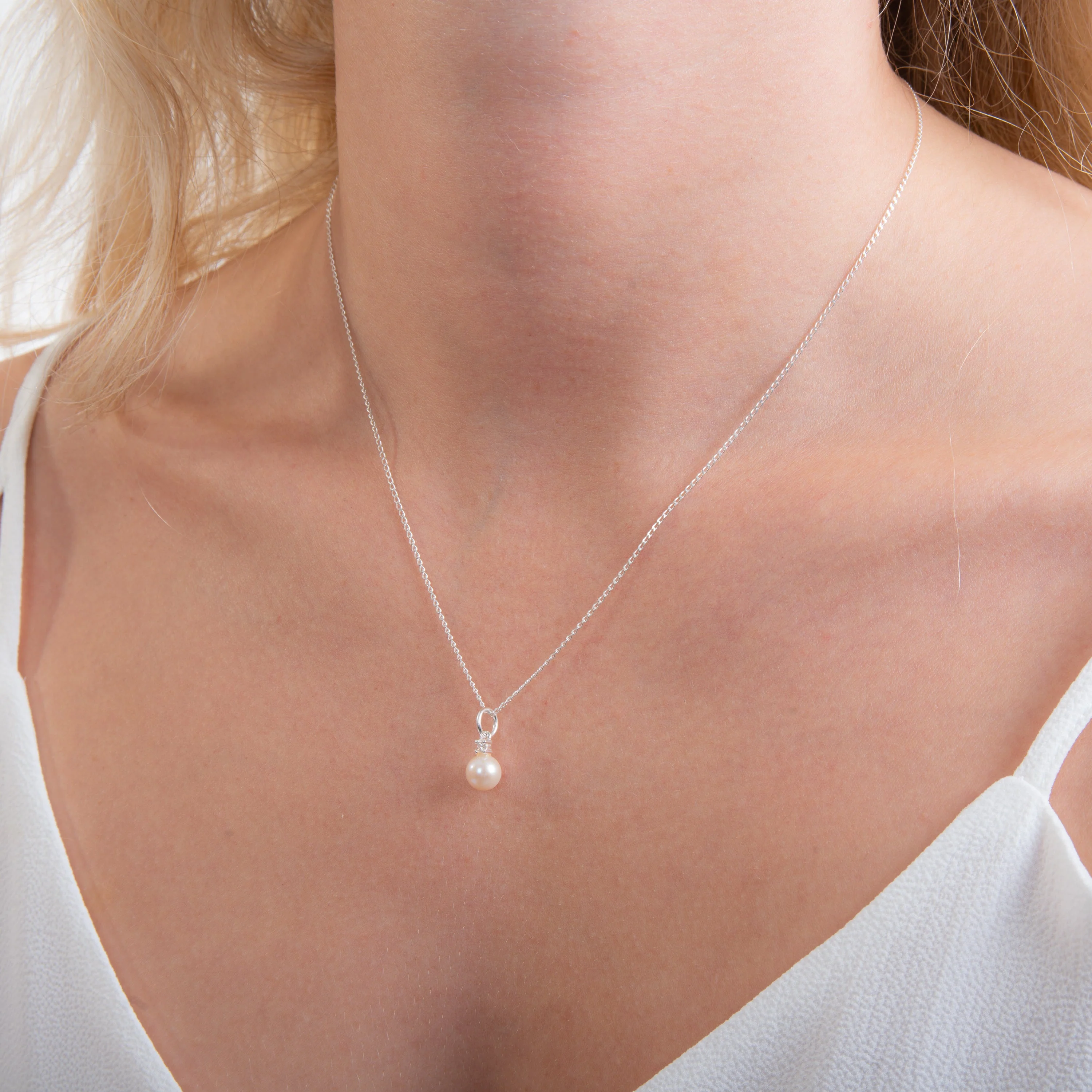 Sterling Silver CZ & 6.5mm Pearl Necklace 14 - 22 Inches - Image 2