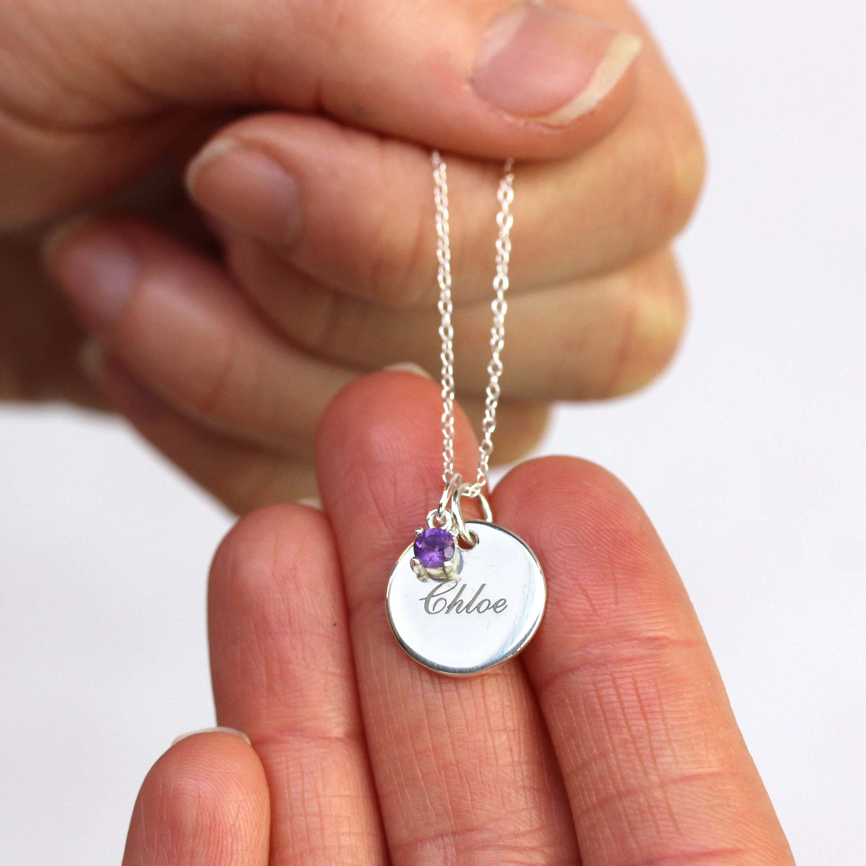 Sterling Silver CZ Birthstone & Round Engravable Tag Necklace 14 - 22 Inches - Image 4