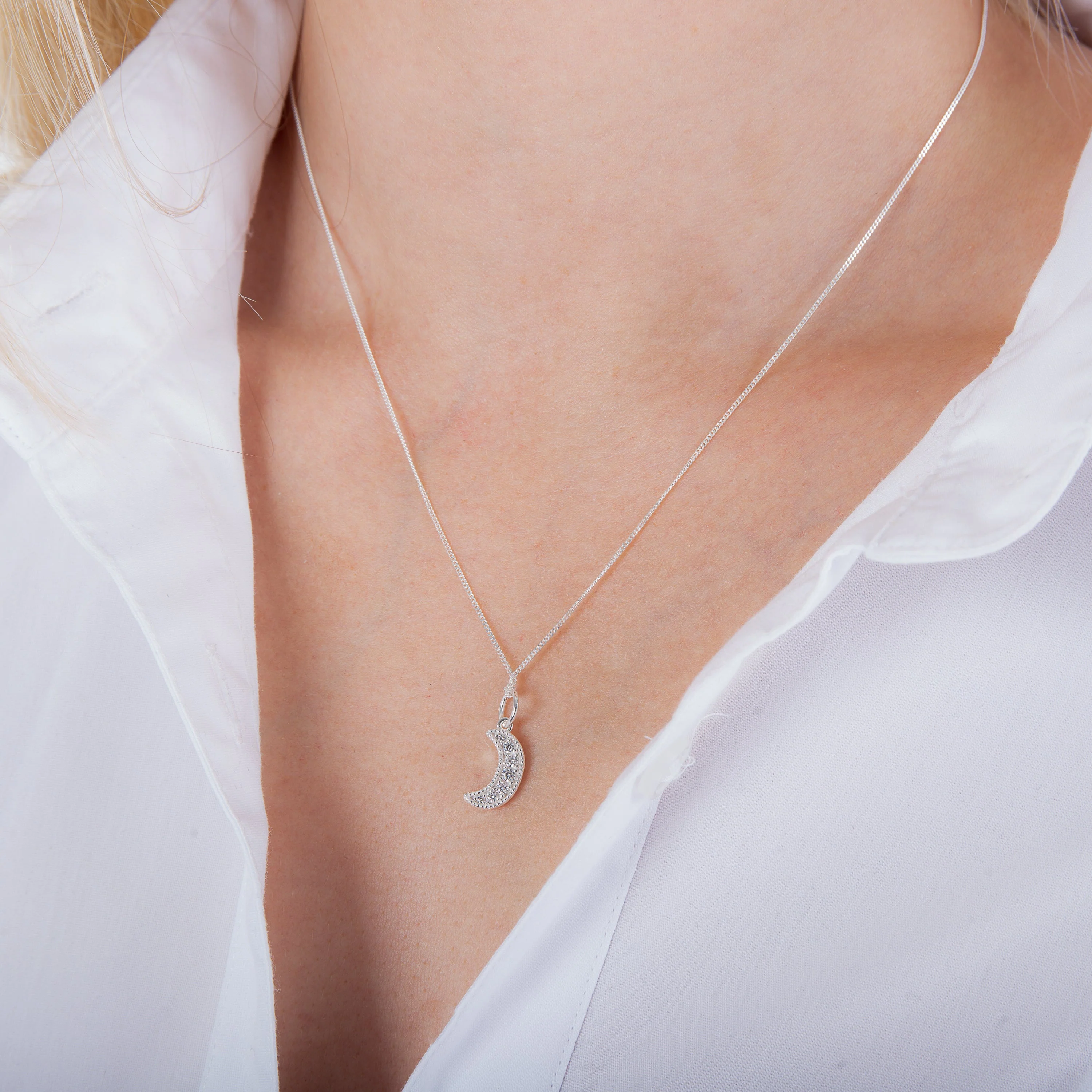 Sterling Silver & CZ Crescent Moon Necklace 14 - 32 Inches - Image 2