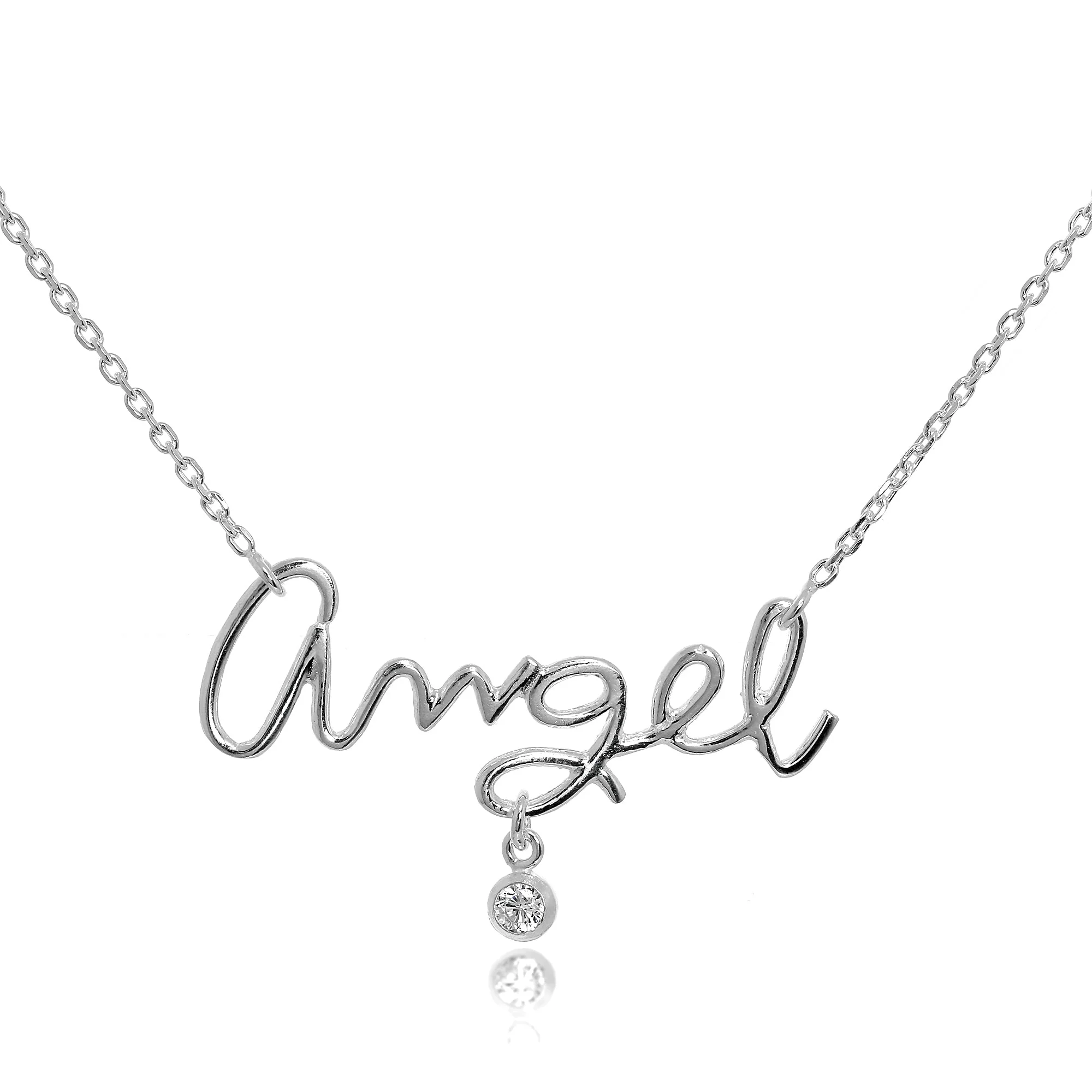 Sterling Silver & CZ Crystal Angel Necklace on 18 Inch Chain