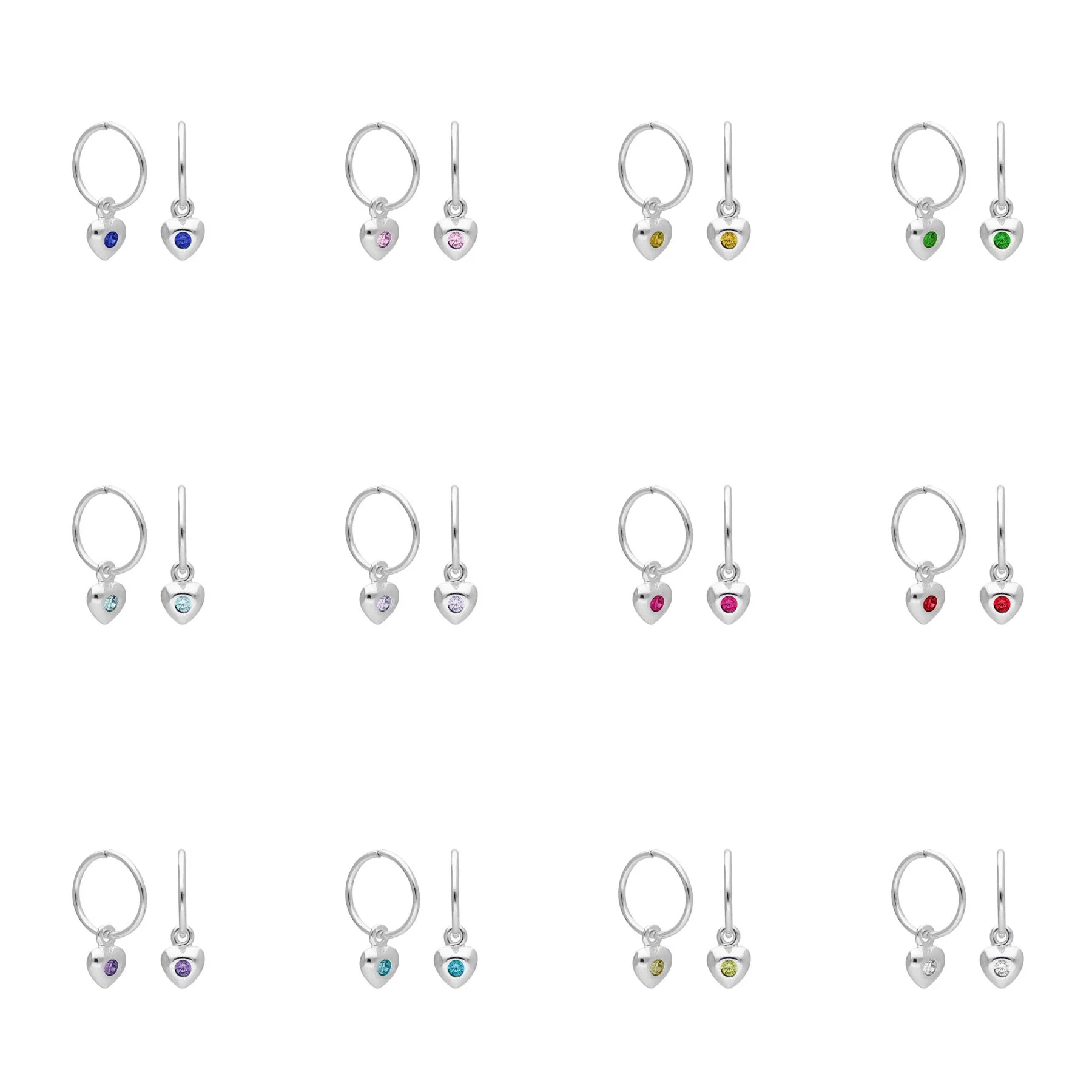 Sterling Silver CZ Crystal Birthstone Heart 10 - 22mm Sleeper Hoop Earrings