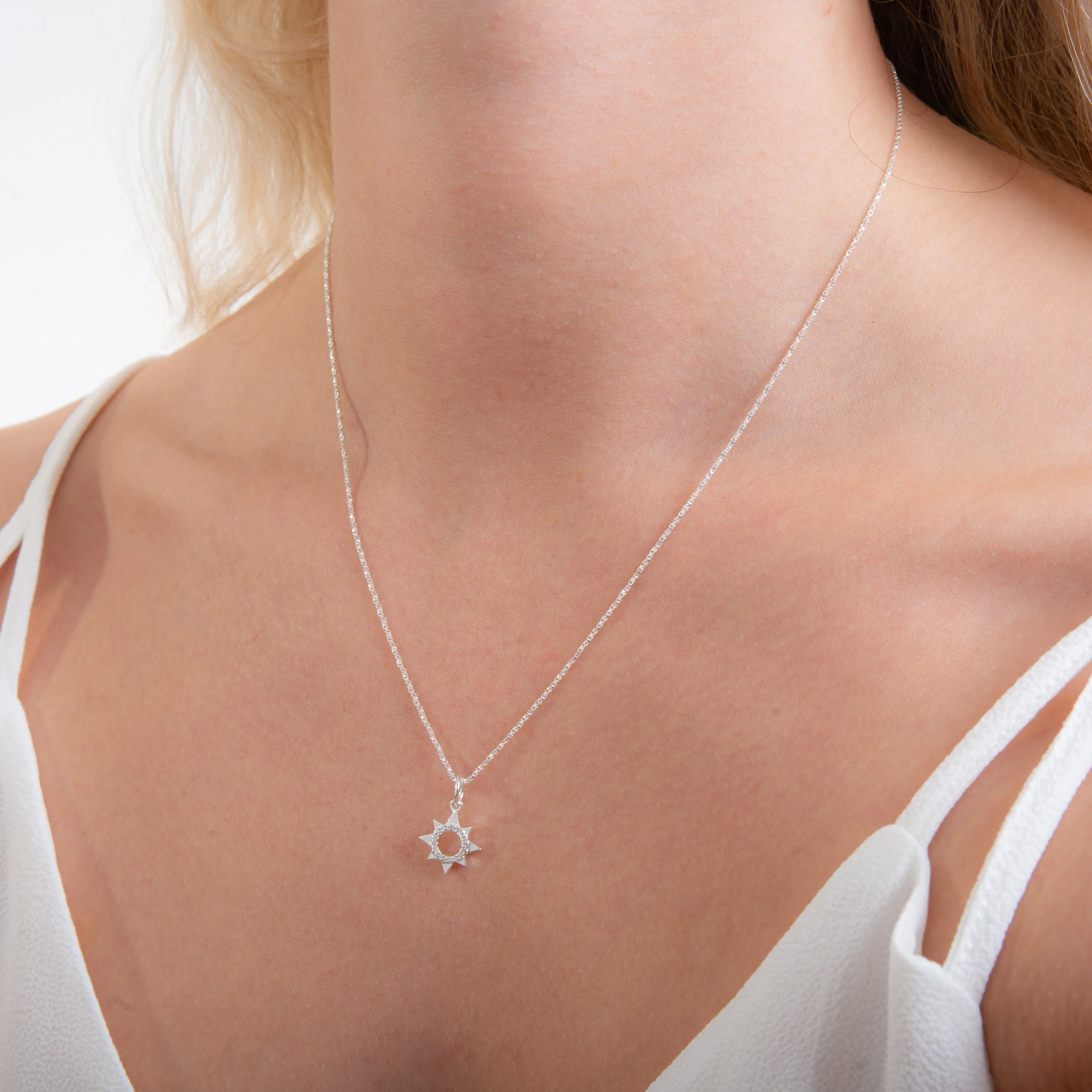 Sterling Silver & CZ Open Sun Necklace 14 - 32 Inches - Image 2