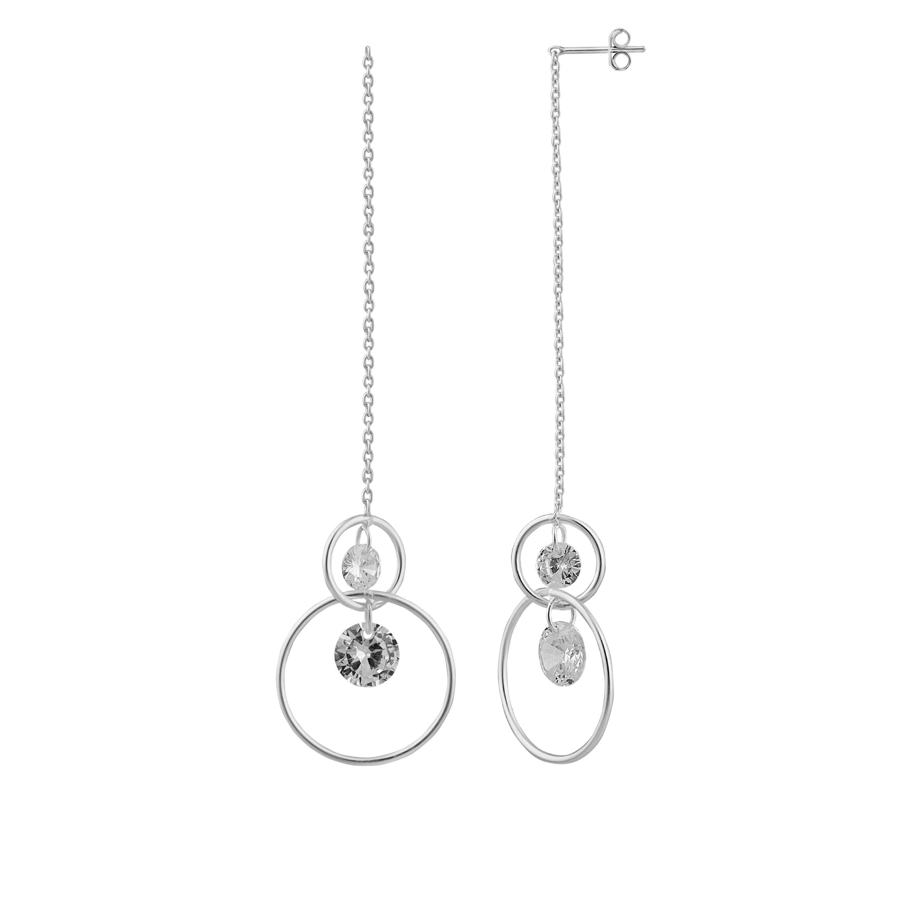 Sterling Silver Double Circle CZ Drop Stud Earrings