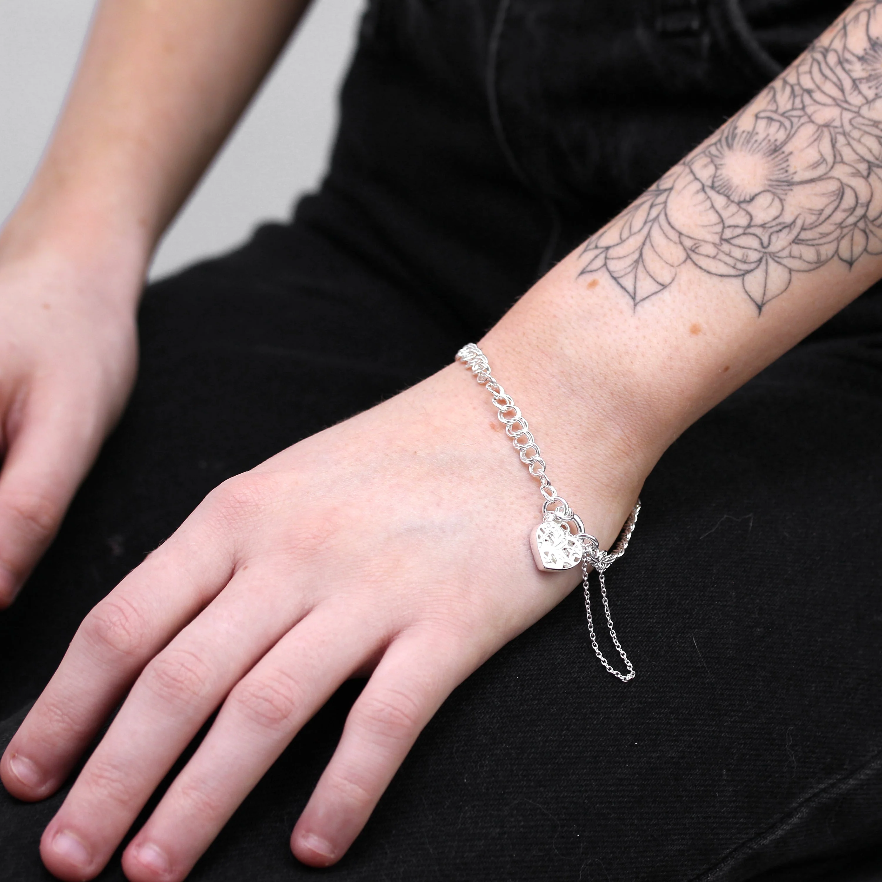 Sterling Silver Double Curb Chain Charm Bracelet with Heart Padlock 6 Inches - 8 Inches - Image 2