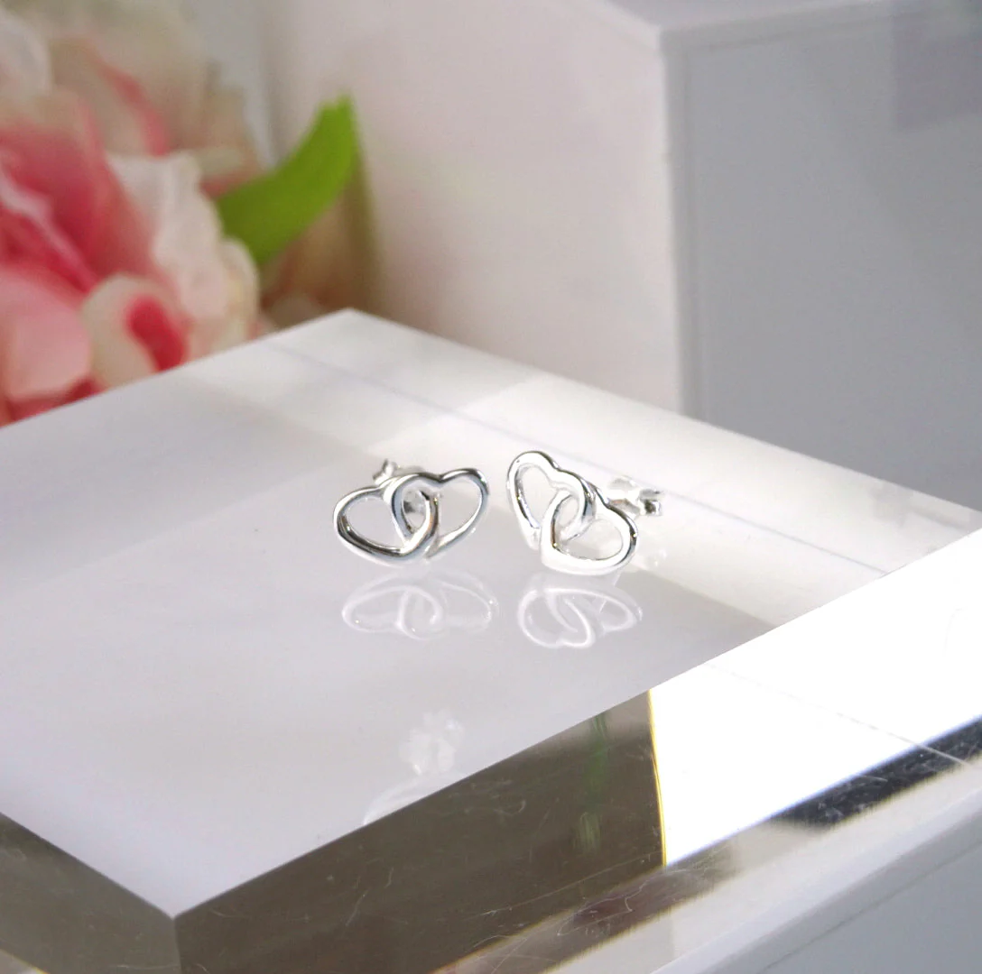 Sterling Silver Double Interlocking Heart Stud Earrings - Image 2