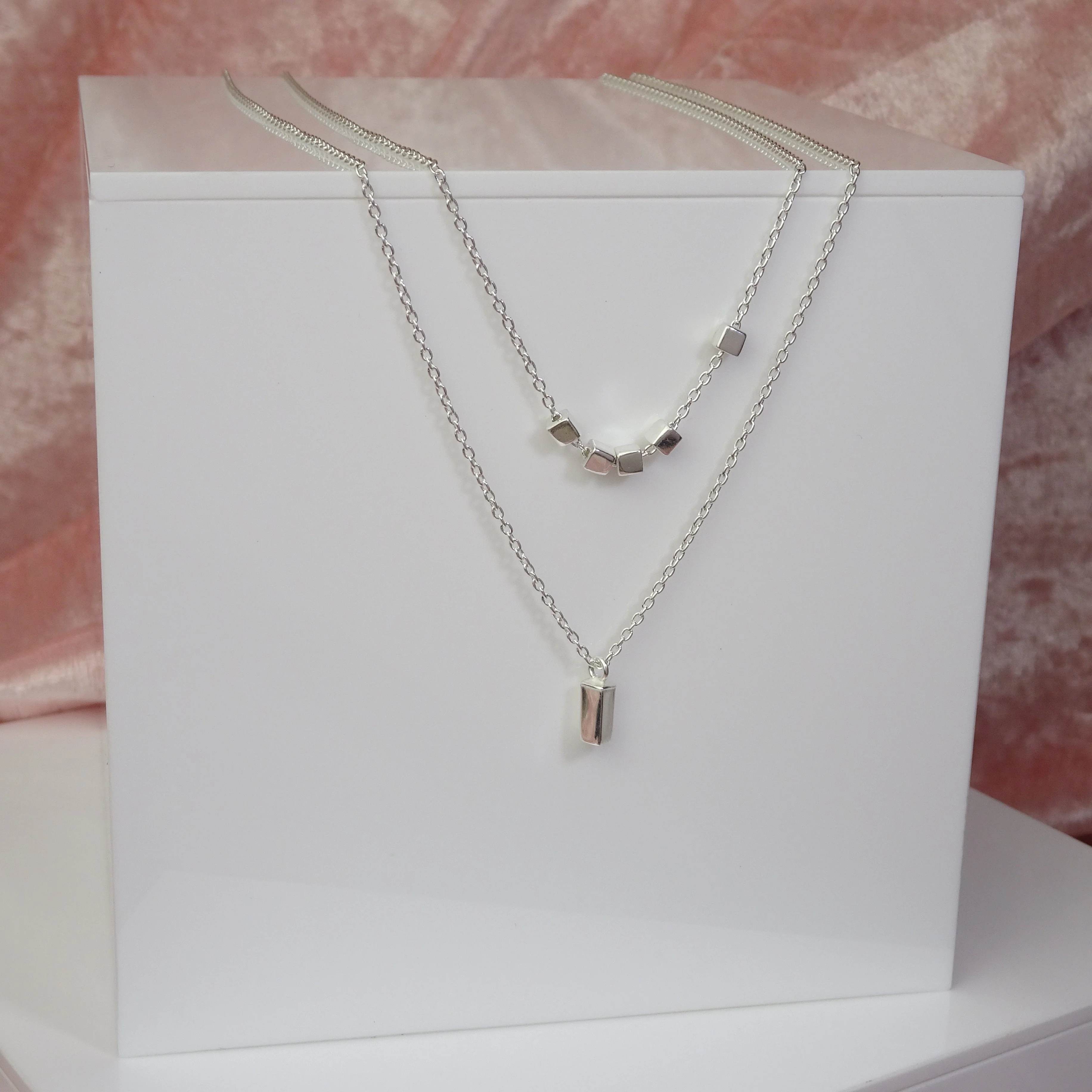 Sterling Silver Double Layer Cube 16 Inch Necklace - Image 3