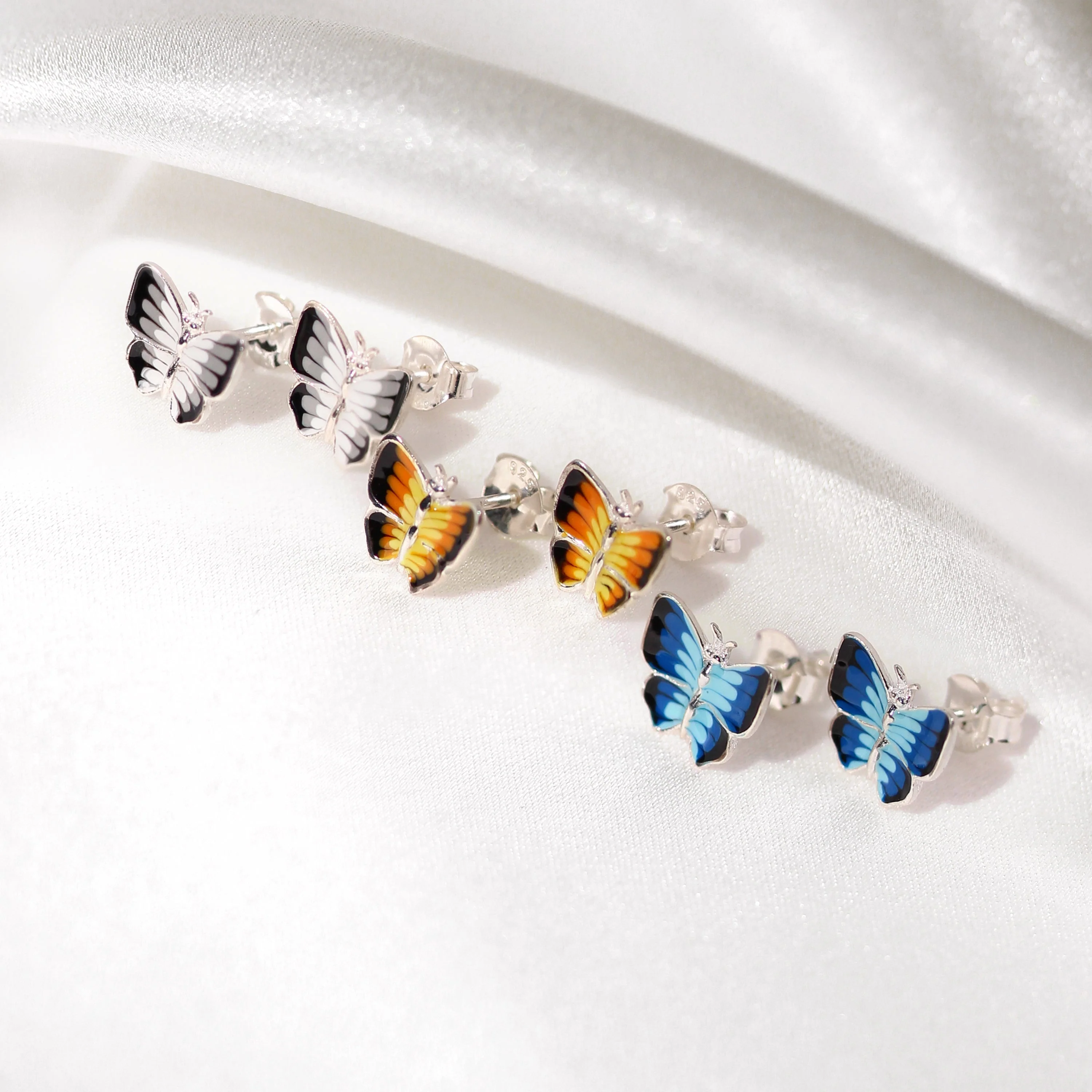 Sterling Silver & Enamel Flat Butterfly Stud Earrings