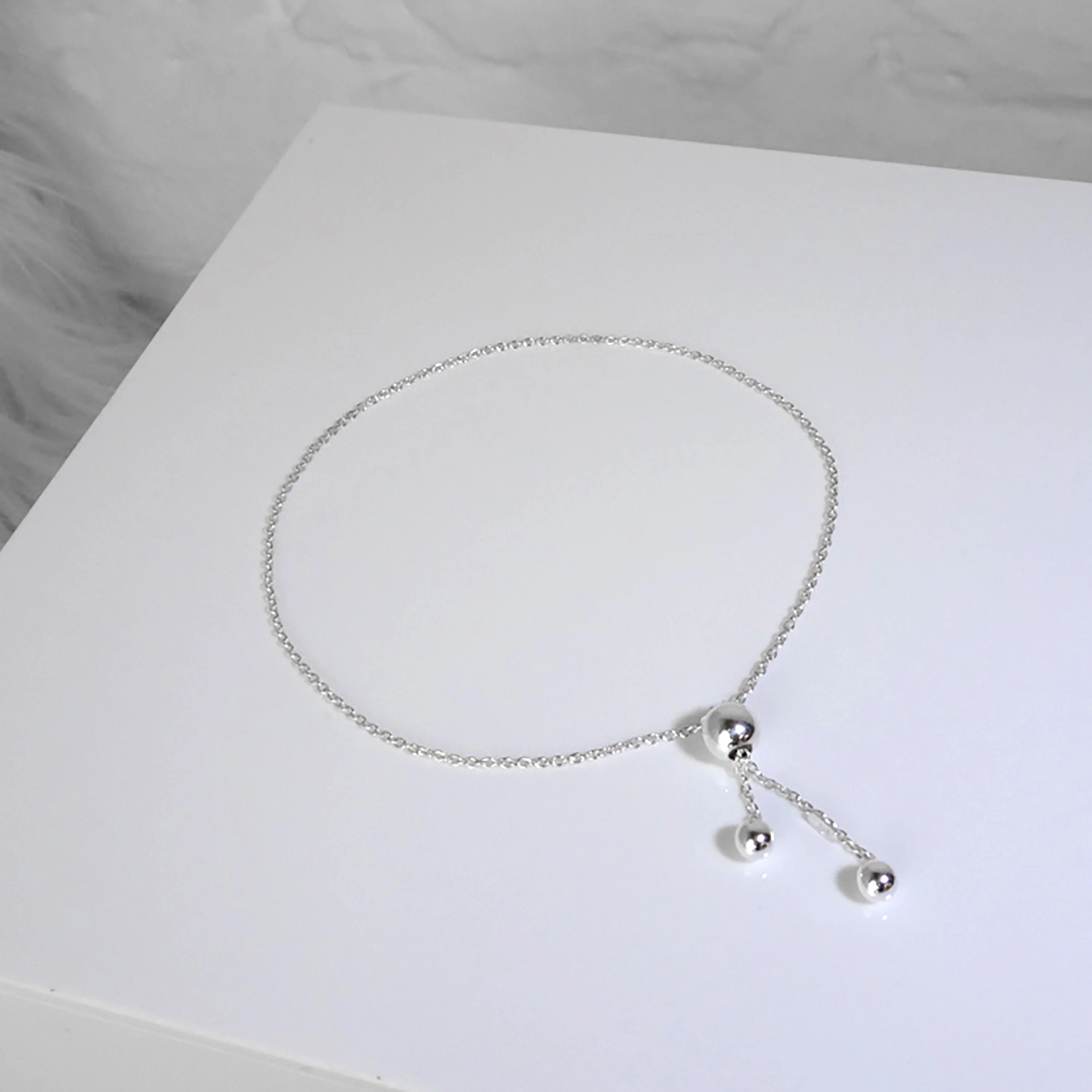 Sterling Silver Fine Chain Slider Ball Clasp Adjustable Bracelet - Image 3