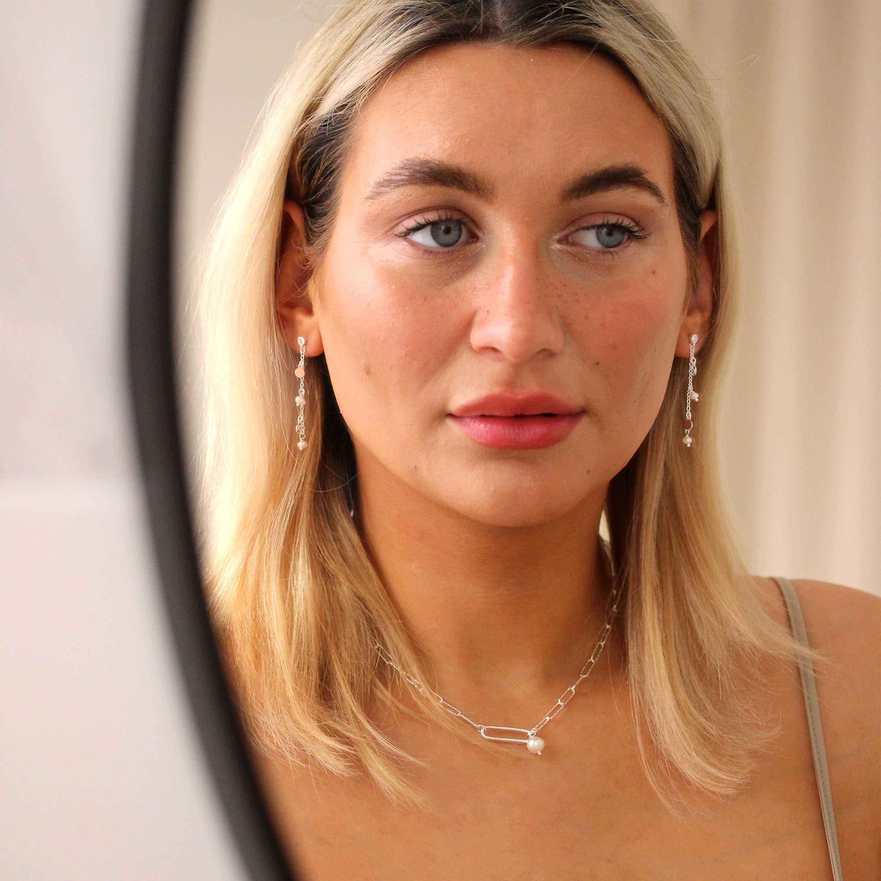 Sterling Silver Freshwater Pearl Drop Chain CZ Stud Earrings - Image 3