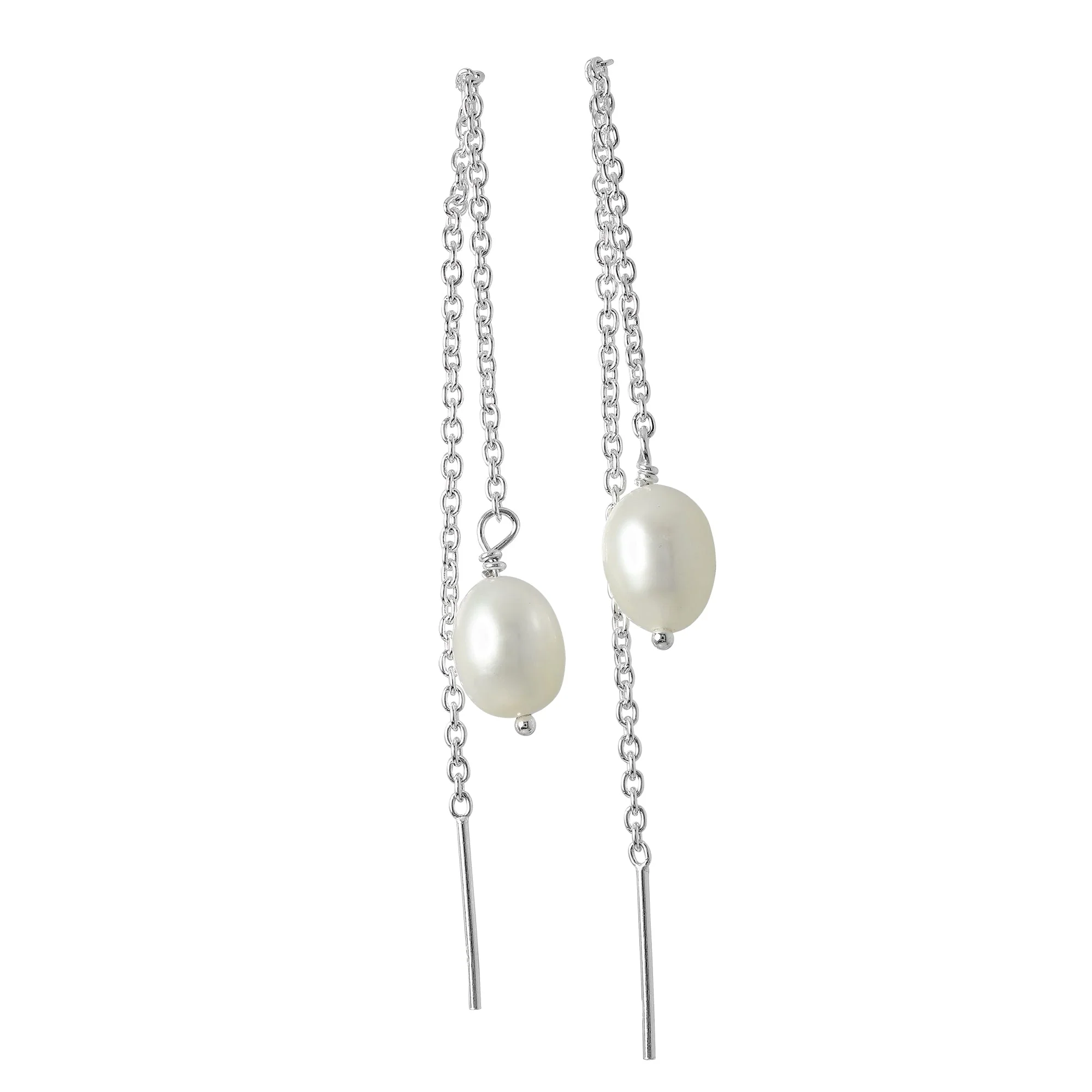 Sterling Silver & Synthetic Pearl Pull Through Chain Earrings - Image 2