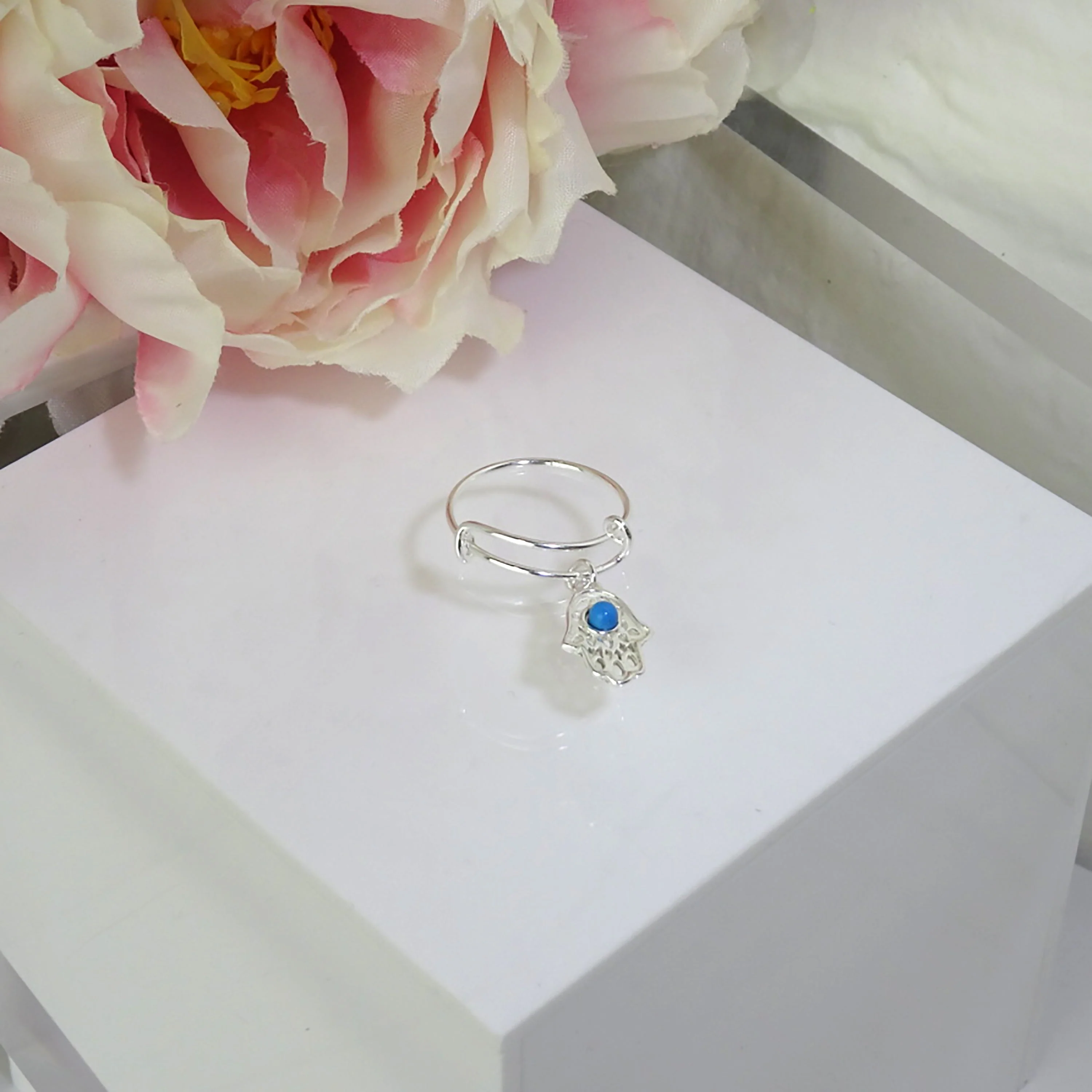 Sterling Silver Hamsa Hand Blue Bead Drop Adjustable Ring - Image 2